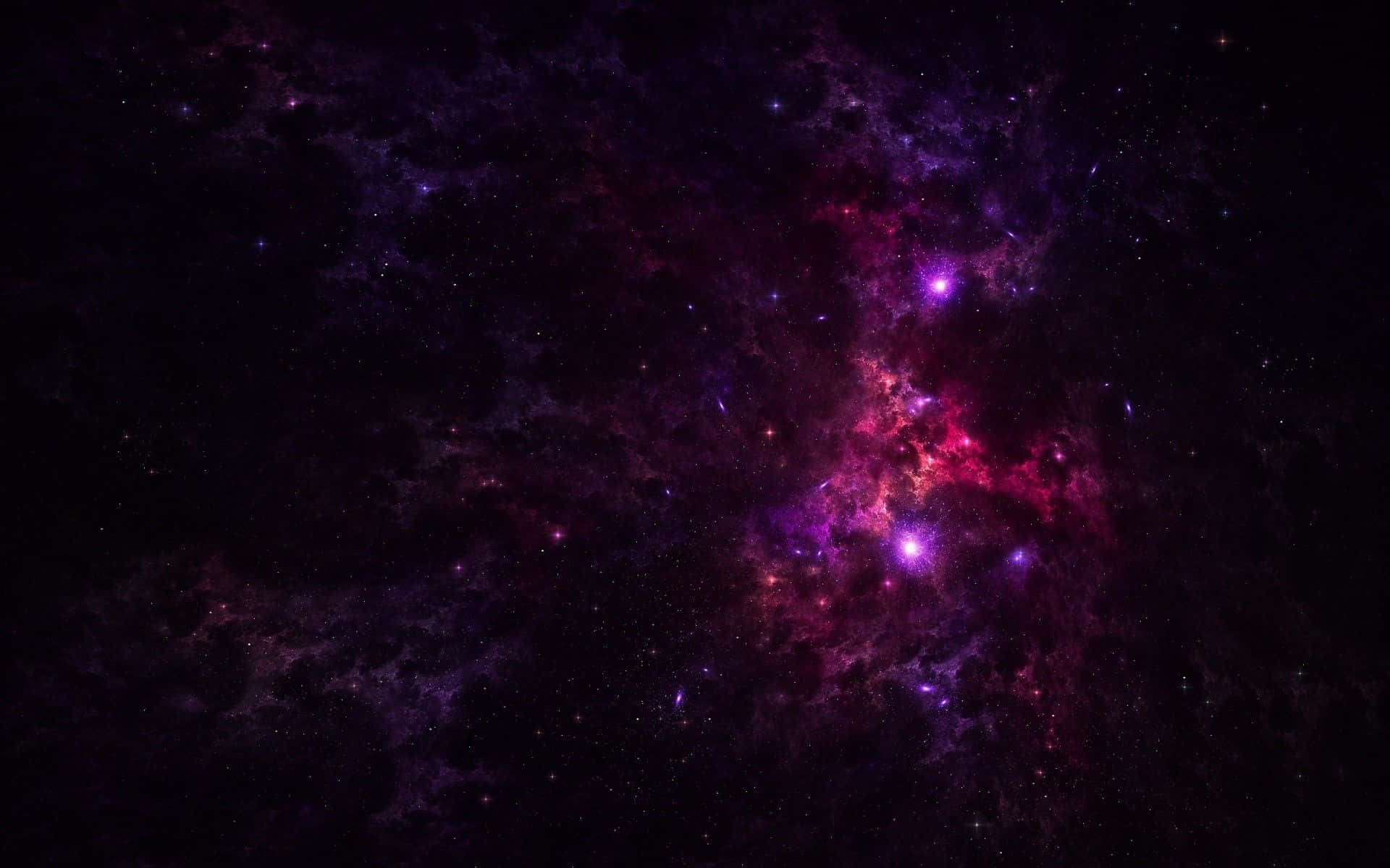 Pink Galaxy 桌布 壁紙 — 一個宇宙星雲在佈滿星星的黑色虛空中旋轉，散發著鮮豔的紫色和粉紅色氣體。