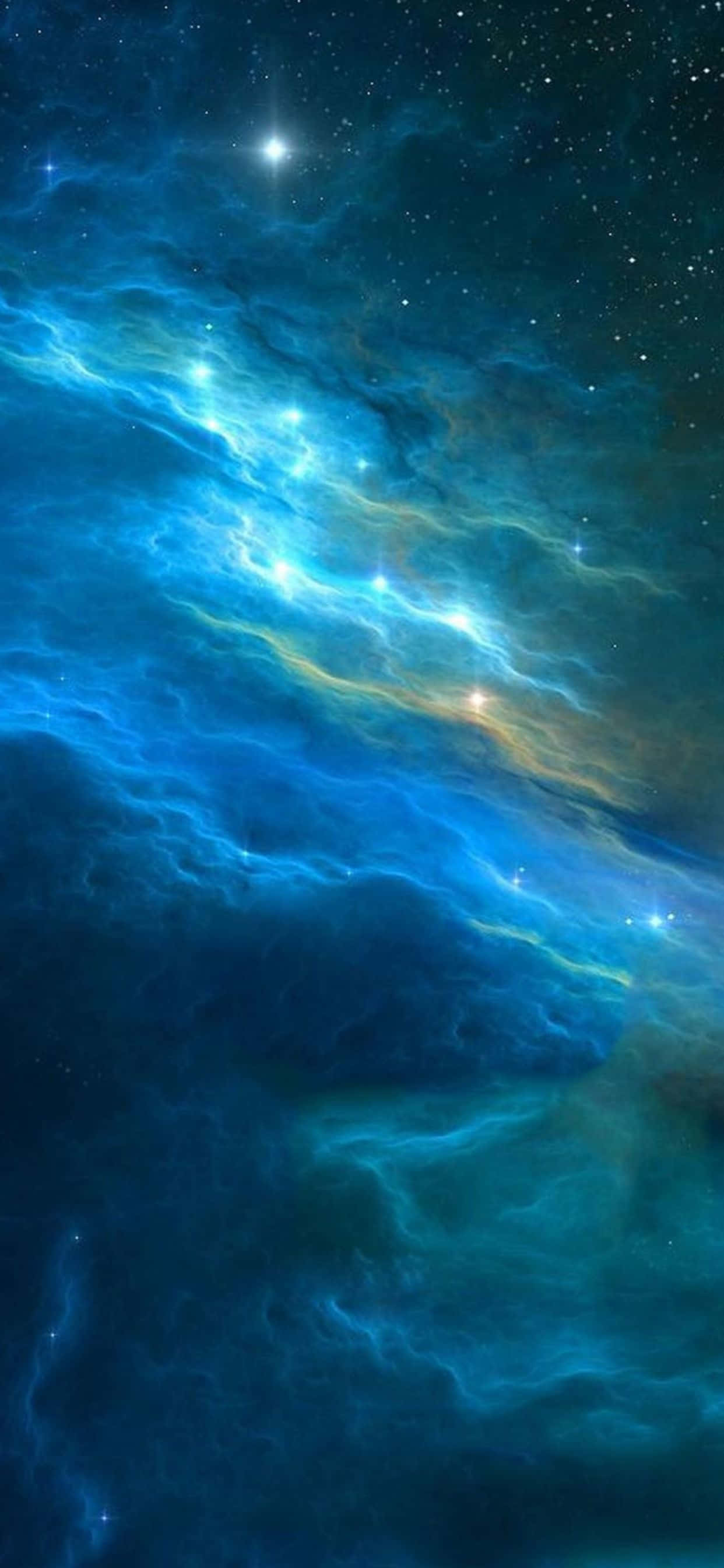 iPhone XS Max 桌布 壁紙 — 一個宇宙星雲在充滿閃爍星星的星空下，以鮮豔的藍色和金色漩渦翻騰。