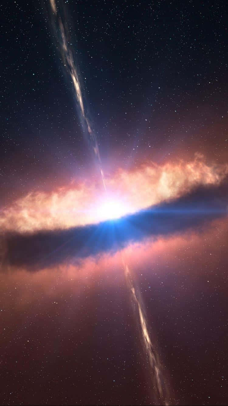 Quasar 桌布 壁紙 — 一個宇宙星雲在星光璀璨的背景下發出火橙色和電藍色的光芒，並被耀眼的光束穿透。
