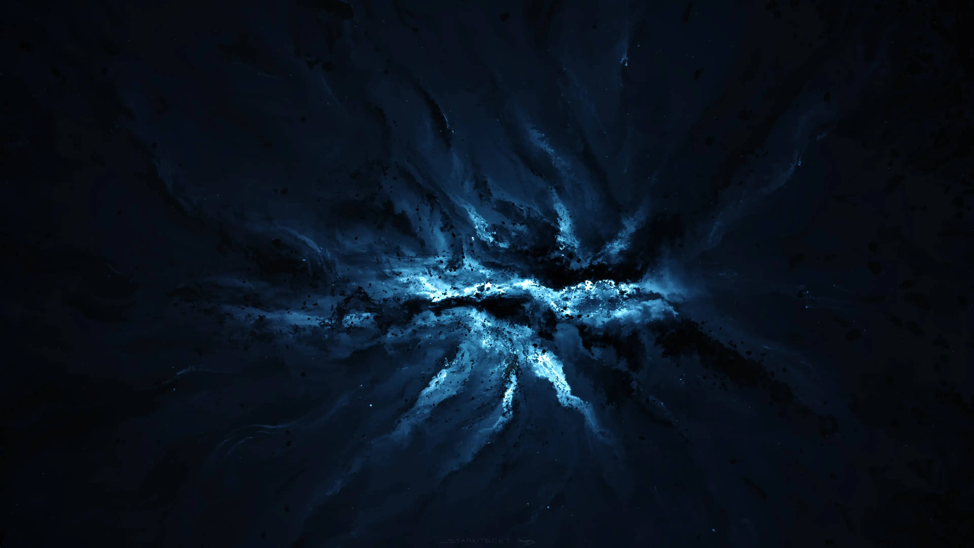 銀河 桌布 壁紙 — 一個宇宙星雲在深藍色和黑色中旋轉，其中心迸發出耀眼的光芒。