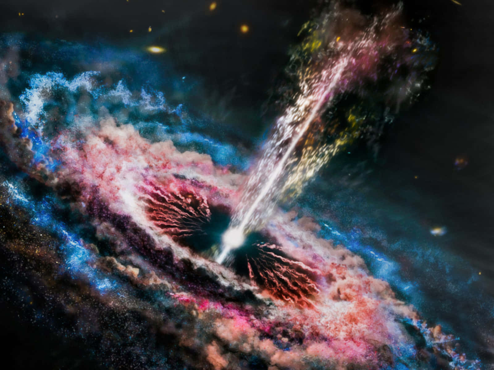 dark matter 桌布 壁紙 — 一個宇宙星雲在生動的藍色、粉紅色和紅色中旋轉，一道明亮的噴流從其核心噴出，映襯著繁星點點的虛空。