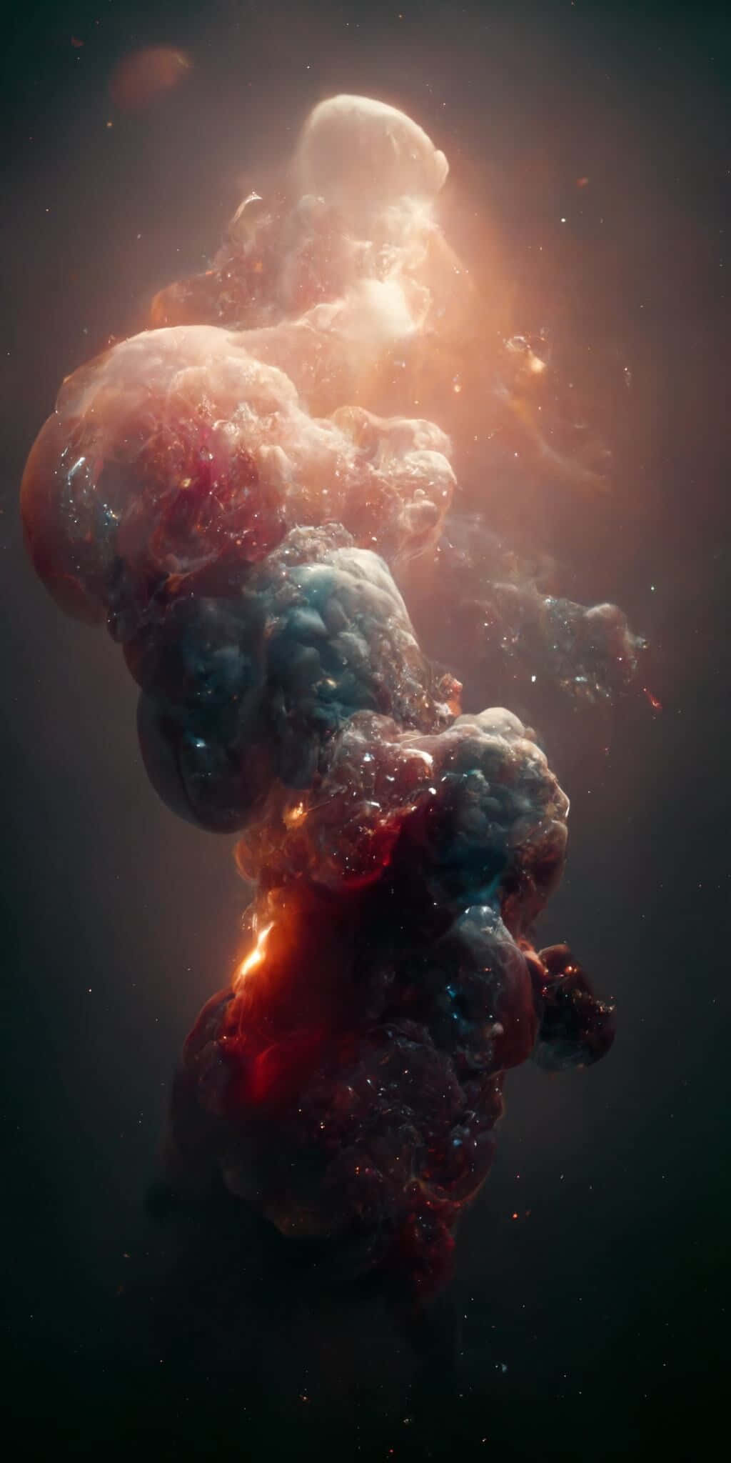 Midjourney 桌布 壁紙 — 一個宇宙星雲在黑暗的星空虛空中旋轉，散發著發光的紅色、藍色和橙色。