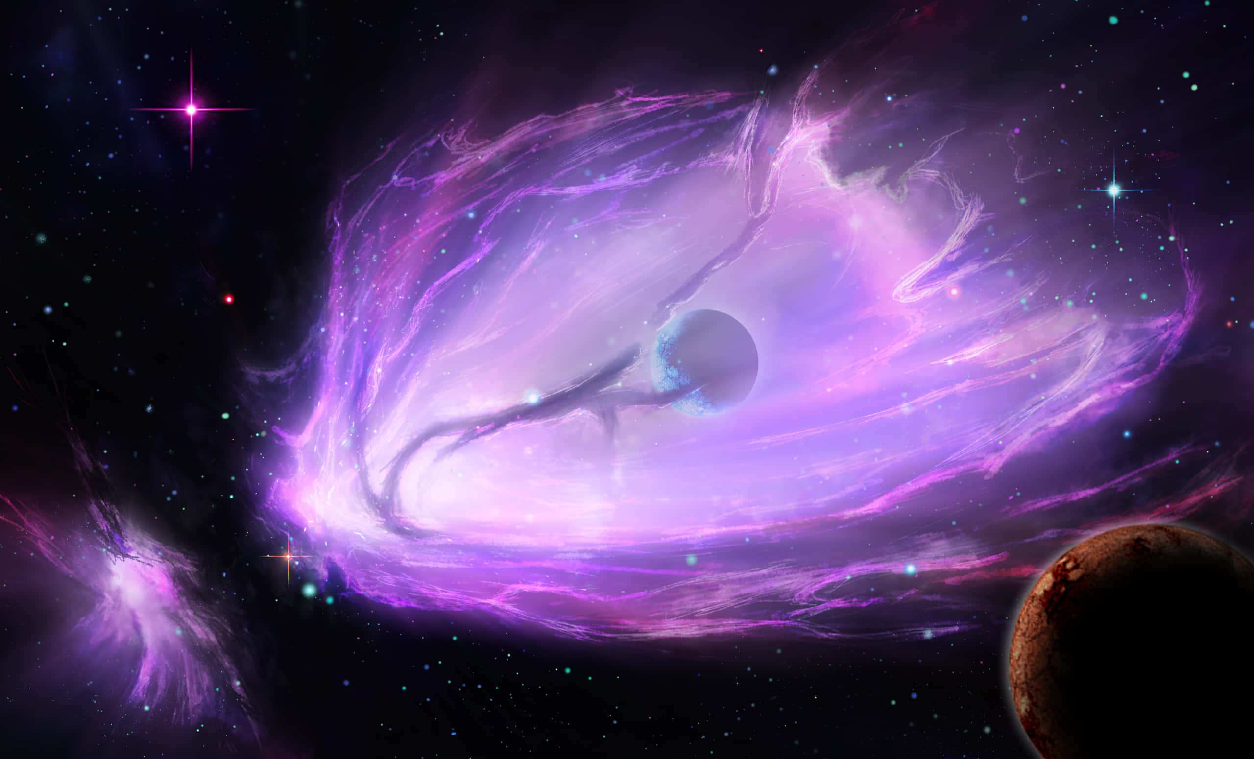 Planetary Nebula 桌布 壁紙 — 一個宇宙星雲在黑暗虛空中圍繞一顆發光的行星旋轉，呈現出鮮豔的紫色和粉紅色調，星星閃爍。