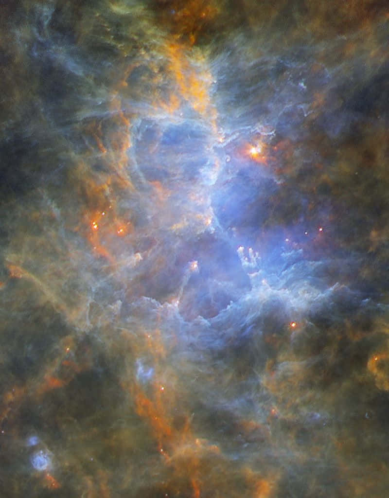 Interstellar Cloud 桌布 壁紙 — 一個宇宙星雲在黑暗虛空中旋轉，充滿鮮豔的橙色和藍色氣體，由發光的星星照亮。