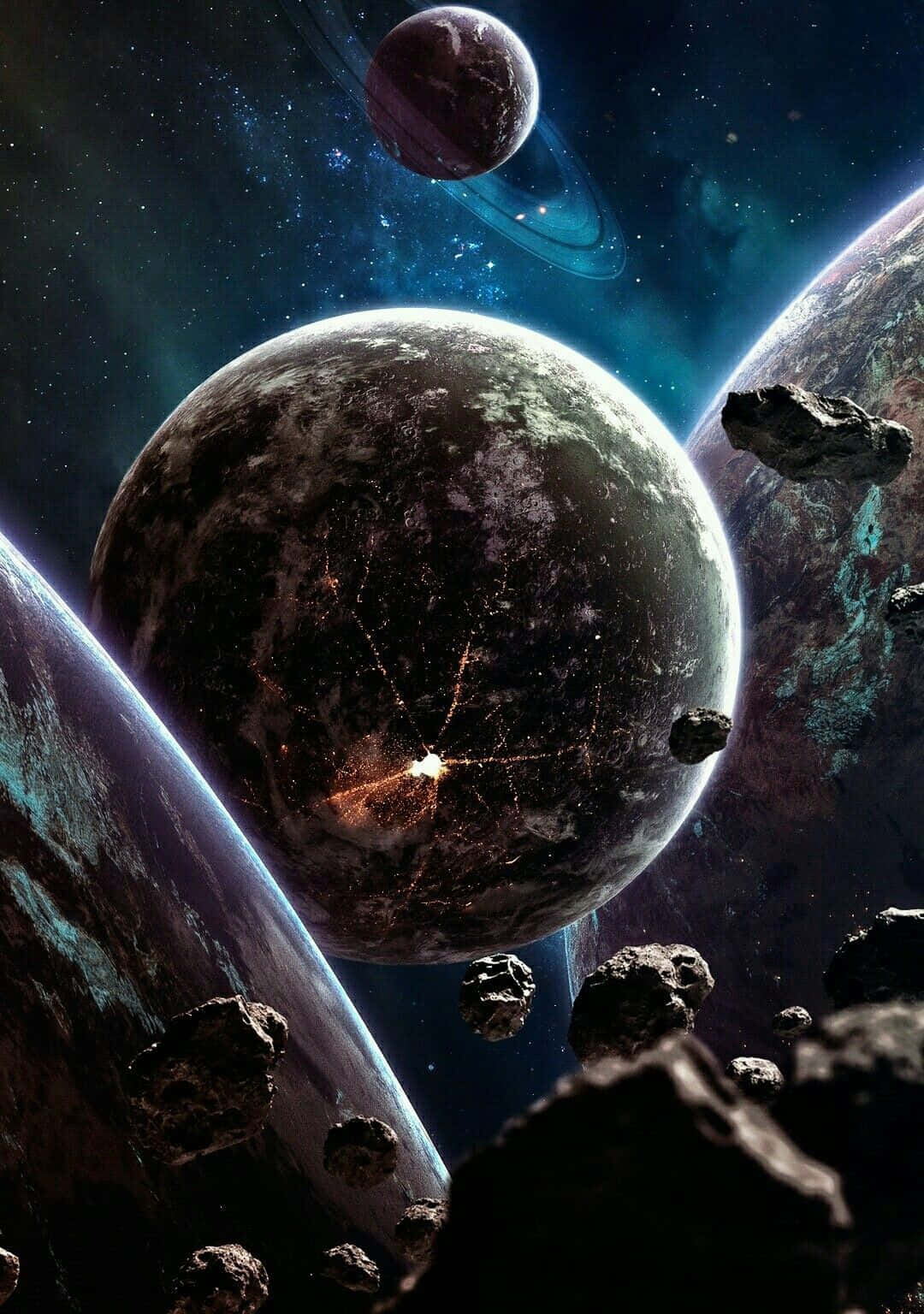 Celestial Bodies 桌布 壁紙 — 一個宇宙景觀，中央行星表面有發光的裂縫，周圍環繞著小行星和遙遠的環狀世界，背景是星空。