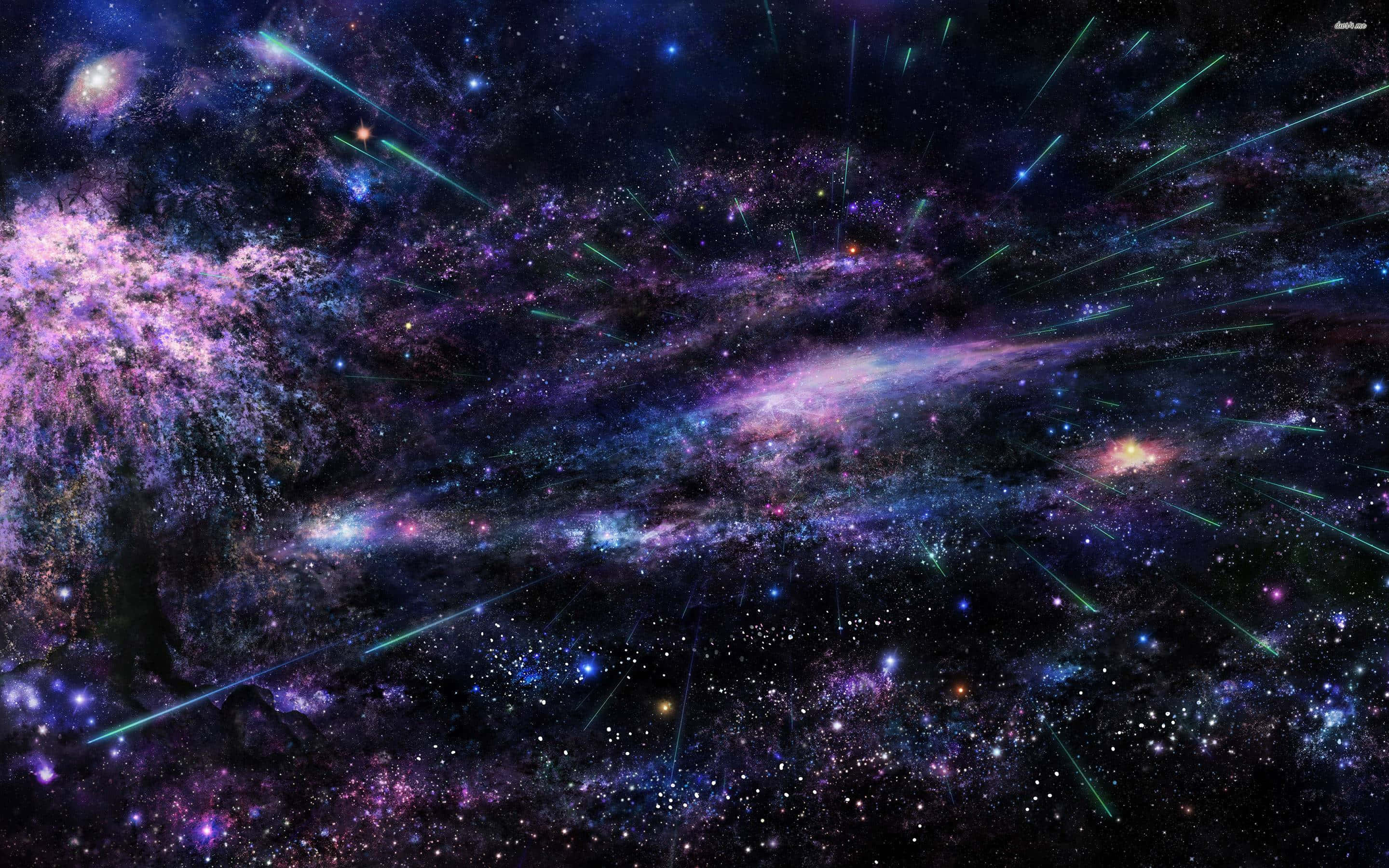 Universe 桌布 壁紙 — 一個宇宙景觀，充滿活力的紫色和藍色星雲，帶有發光的綠色流星，劃過佈滿星星的虛空。