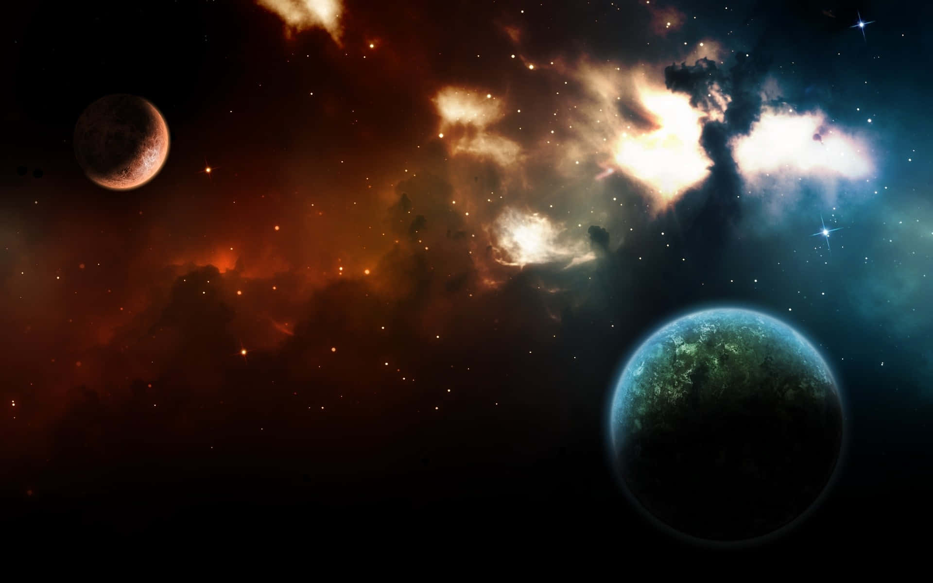Beautiful Space 桌布 壁紙 — 一個宇宙景觀，兩顆行星在色彩繽紛的星雲中環繞，星雲散發著火熱的橙色和冷藍色調。