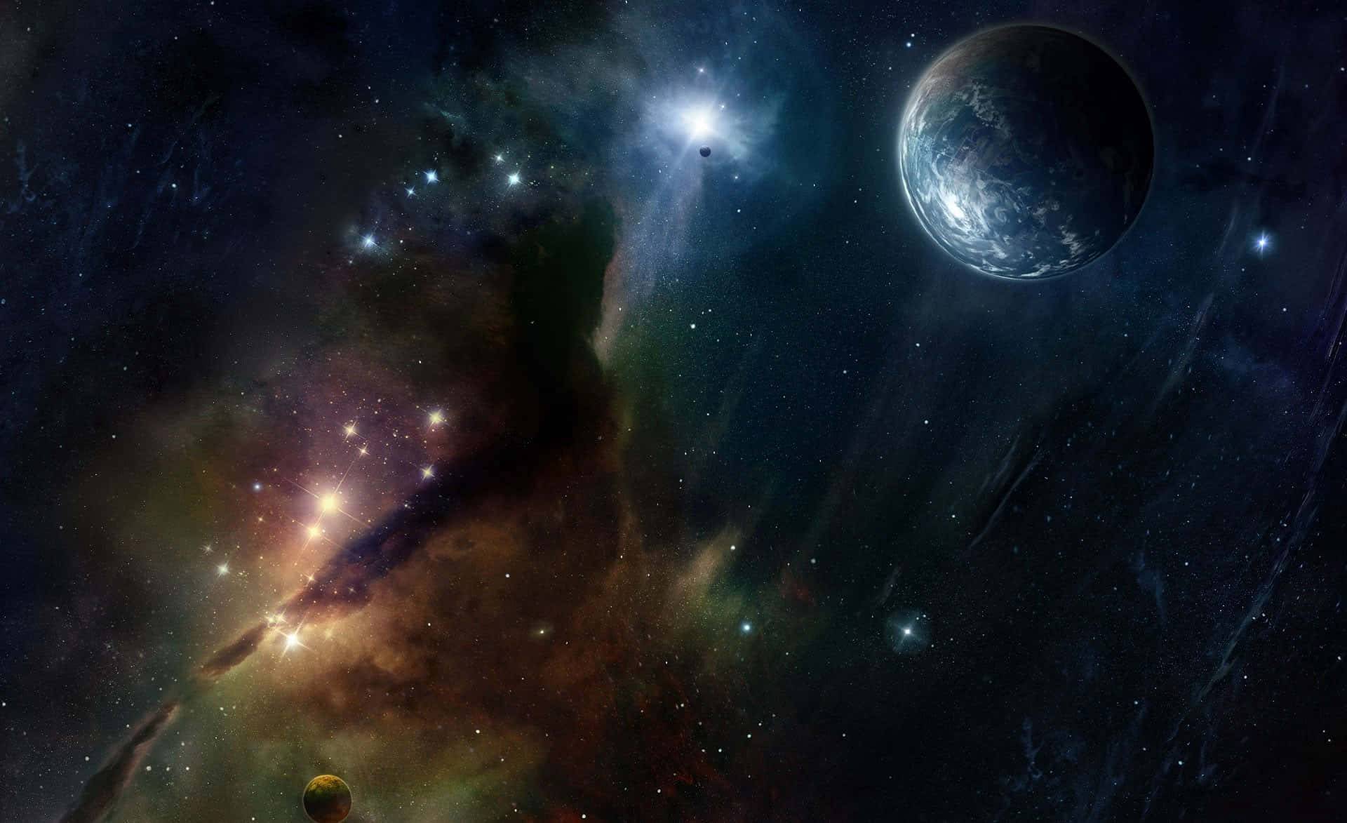 Trippy Space 桌布 壁紙 — 一個宇宙景觀，包含一個發光的星雲，橙色和紫色的氣體漩渦雲被明亮的星星和一顆遙遠的藍色行星照亮。