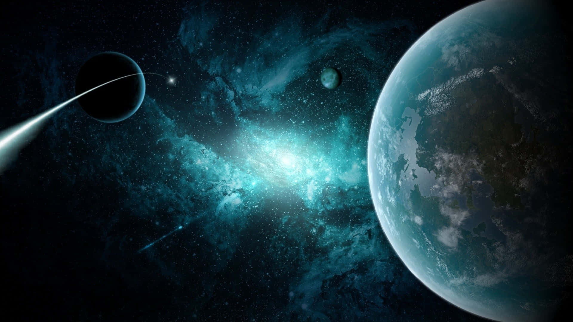 Galaxy Poster 桌布 壁紙 — 一個宇宙景觀，在詳細的地球般行星和帶有彗尾的黑暗月球之間，有一個發光的藍綠色星雲。