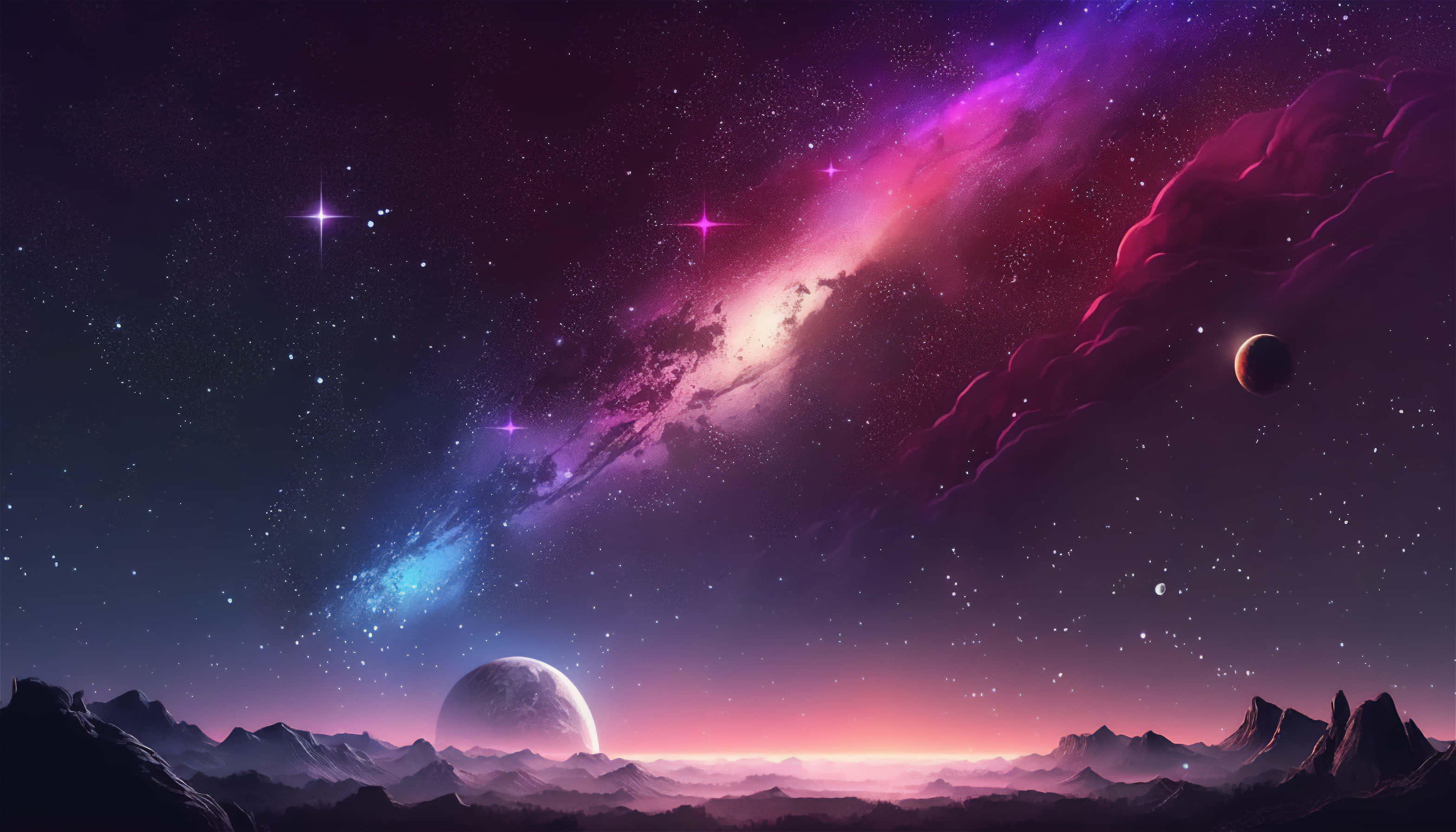 Galaxy Artwork 桌布 壁紙 — 一個宇宙景觀，崎嶇的山脈在充滿星星和遙遠行星的鮮豔紫色和粉紅色星雲下。