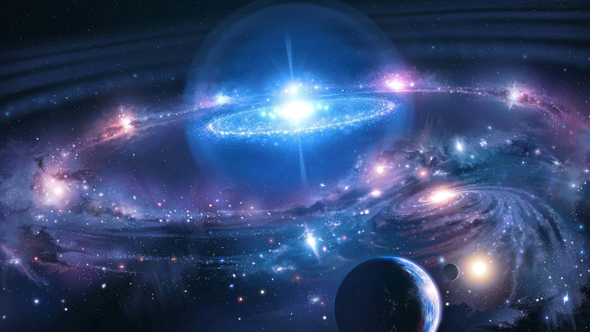 Deep Space 桌布 壁紙 — 一個宇宙景觀，發光的藍色和紫色星系圍繞著一顆光芒四射的中心恆星旋轉，下方有行星在軌道上運行。