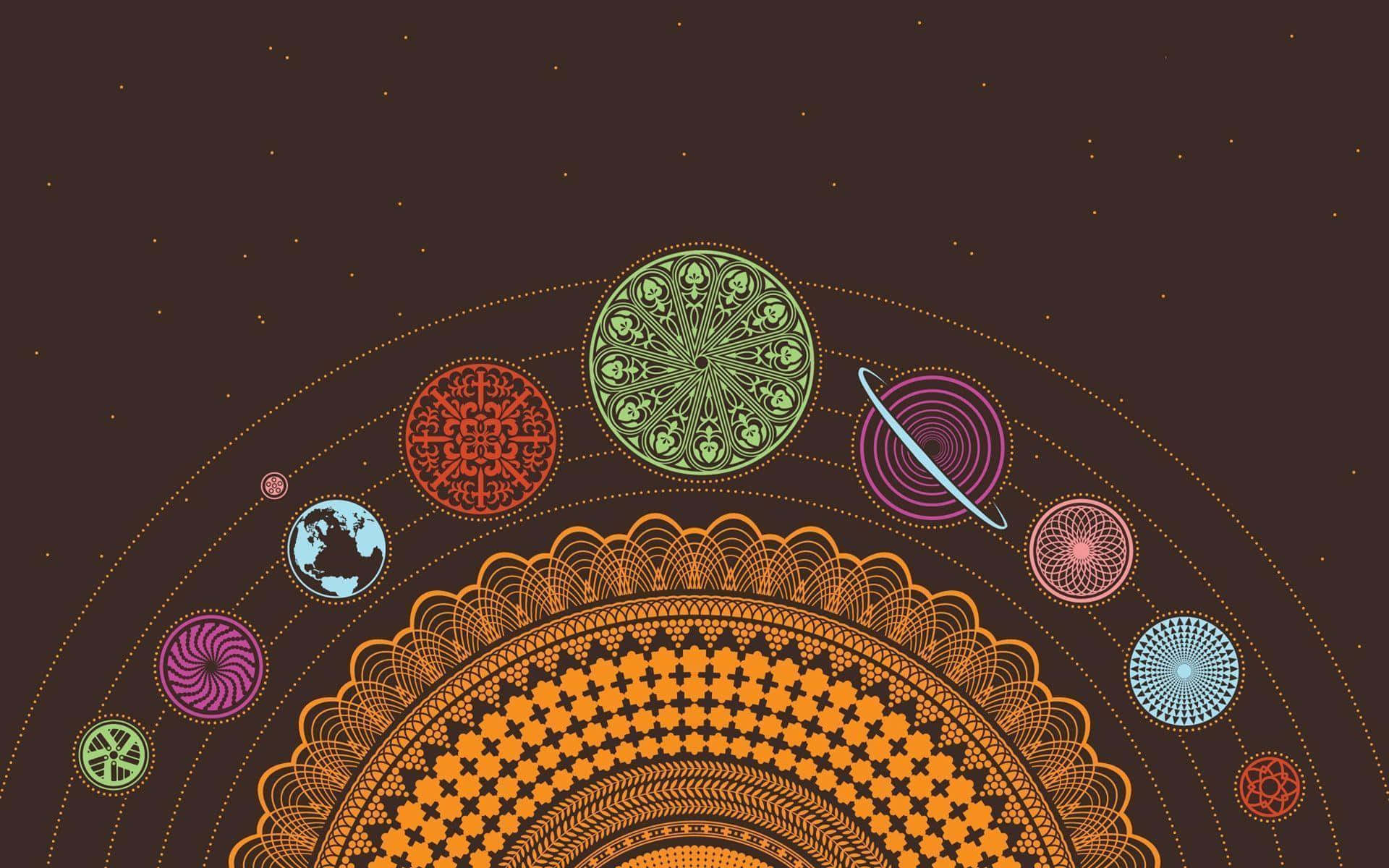 chakra 桌布 壁紙 — 一個宇宙曼陀羅，色彩繽紛的幾何行星圍繞著一個大型橙色圖案太陽，背景是繁星點點的深棕色天空。