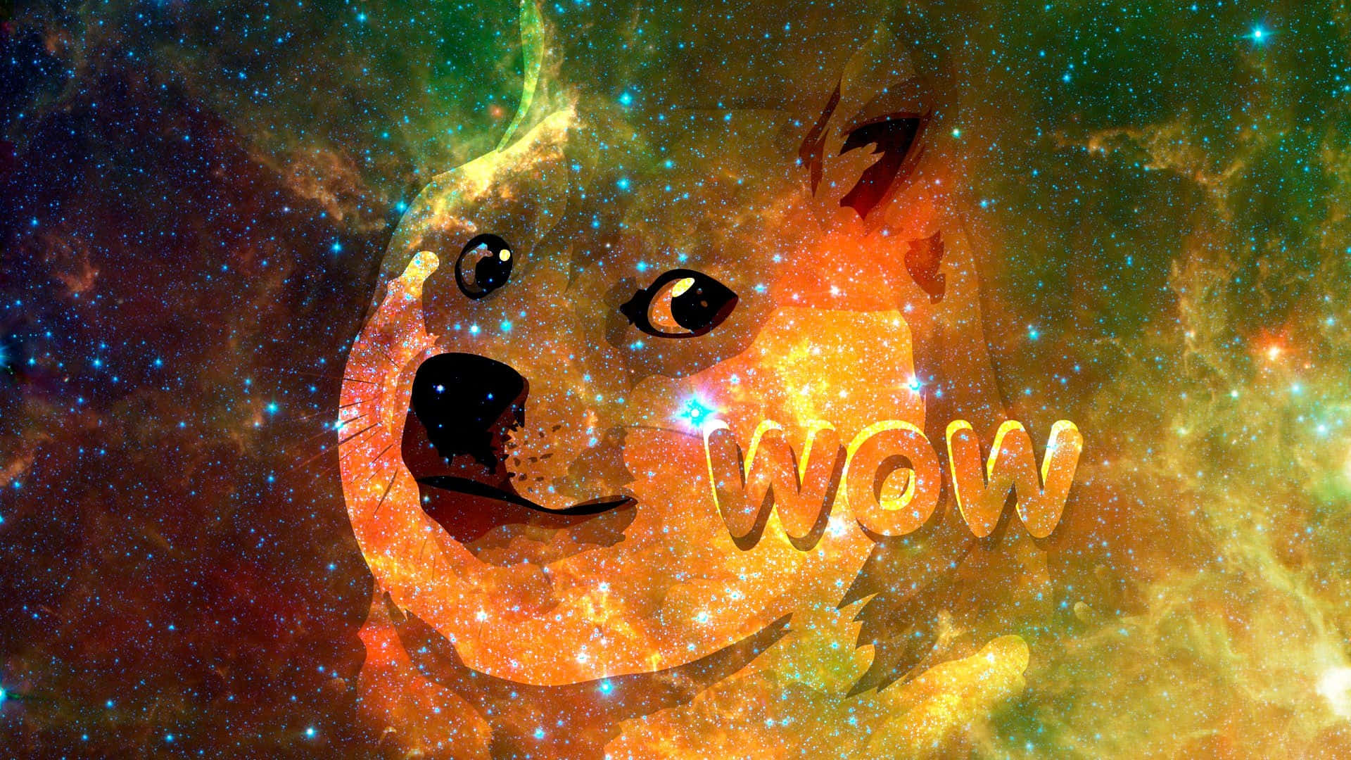 Dog Memes 桌布 壁紙 — 一個宇宙狗狗臉，帶有「WOW」文字，從充滿發光恆星和旋轉氣體的鮮豔星雲中浮現。