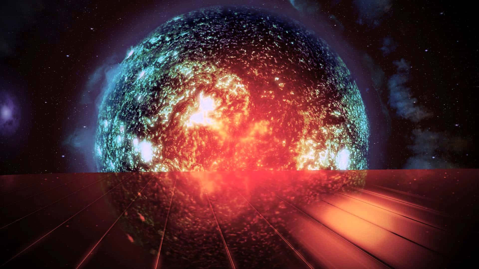 Illusive Man 桌布 壁紙 — 一個宇宙球體在星空中爆發熾熱橙色和發光青綠色的能量，反射在深色瓷磚地板上。