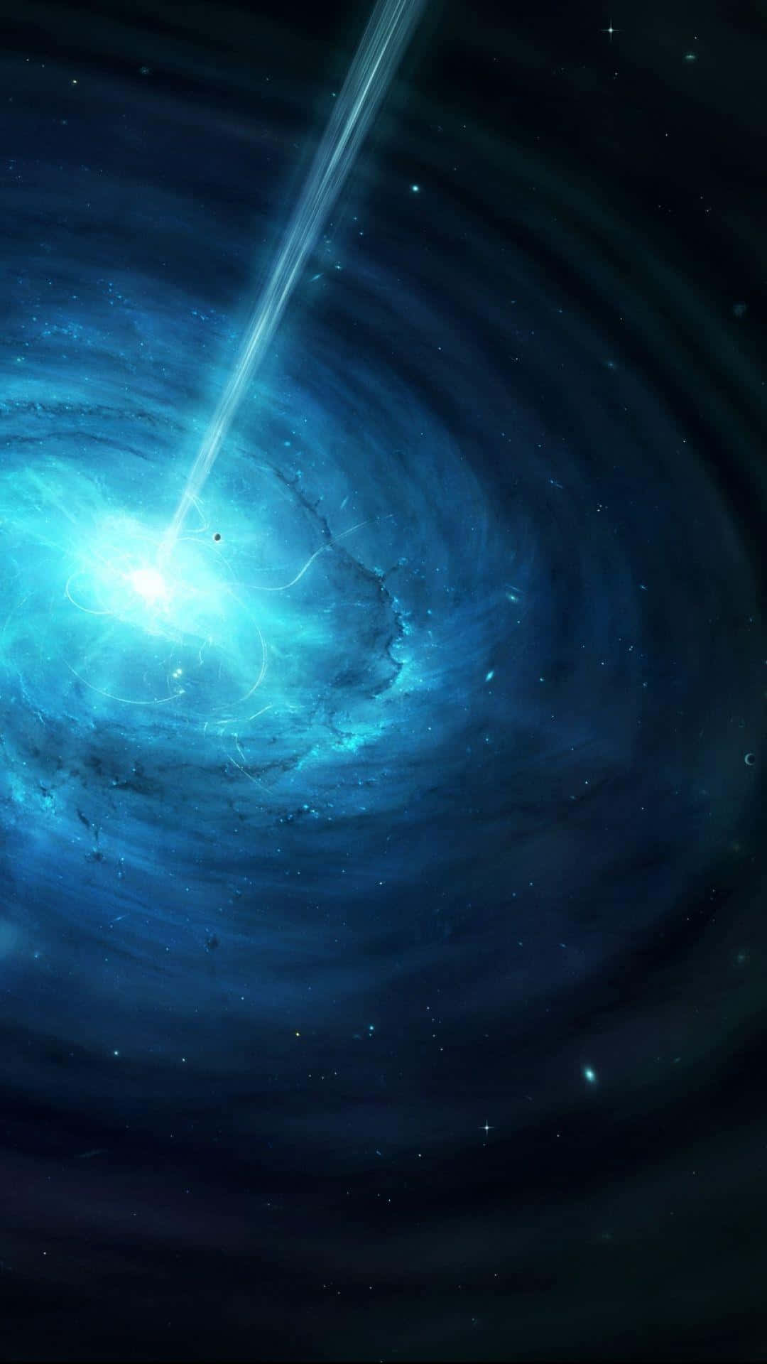Quasar 桌布 壁紙 — 一個宇宙藍色螺旋星系，在佈滿星辰的虛空中發出一道耀眼的光束。