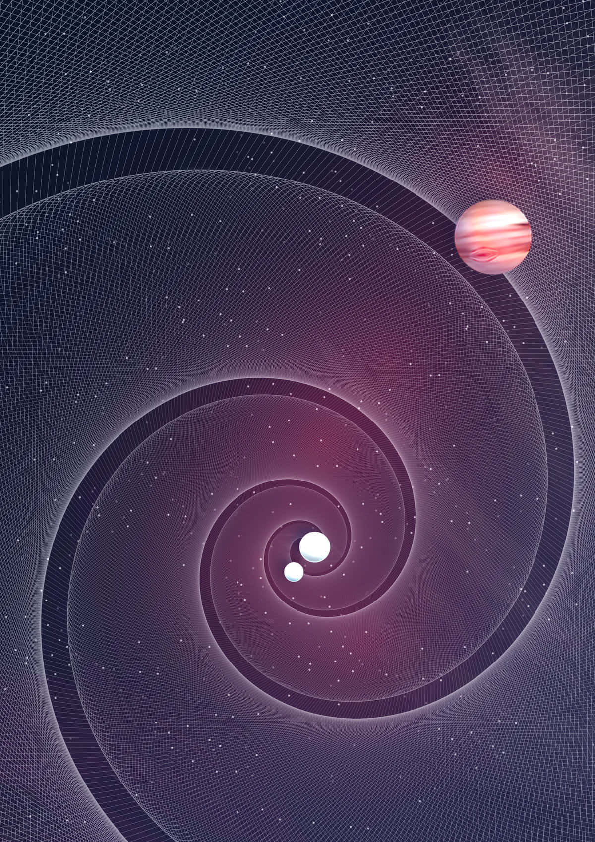 Gravitational Waves 桌布 壁紙 — 一個宇宙螺旋星系，帶有發光球體和條紋行星，背景是星形網格。