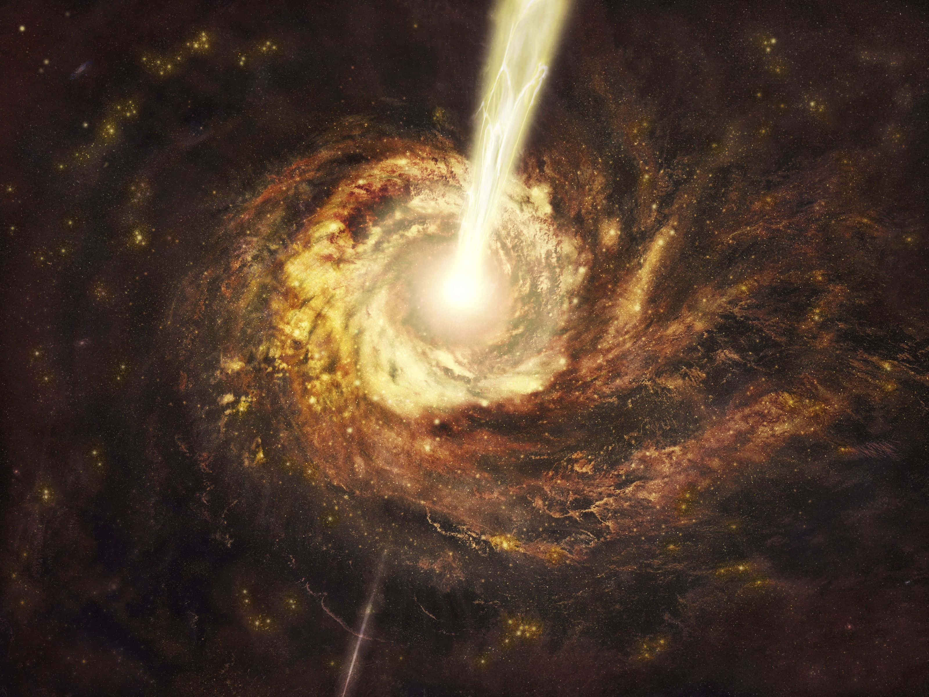 Quasar 桌布 壁紙 — 一個宇宙螺旋星系，擁有明亮的中心核心，以及一道向上噴射、發光的噴流，背景是星場。