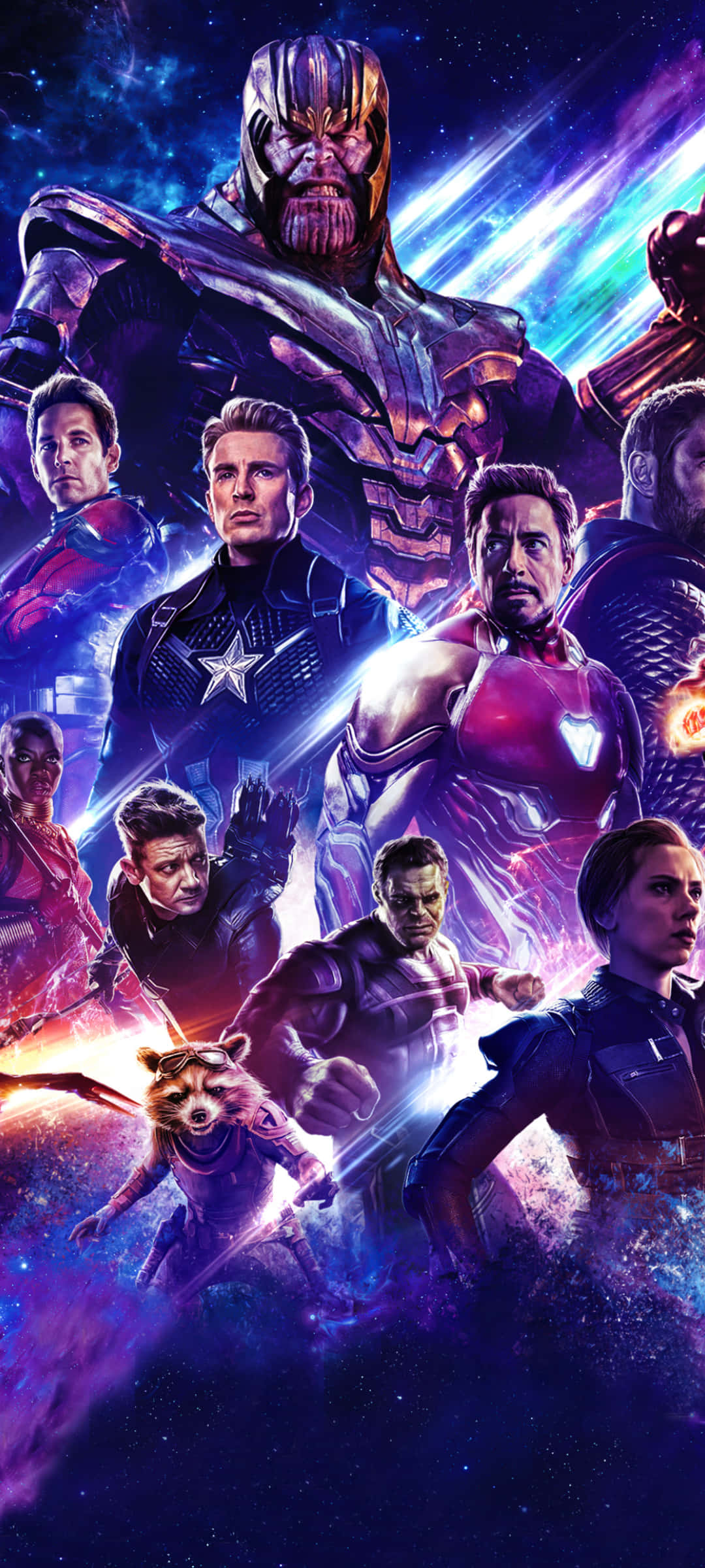 終局 桌布 壁紙 — 一個宇宙超級英雄組合， featuring Thanos 和復仇者聯盟，背景是充滿活力的星域和能量光束。