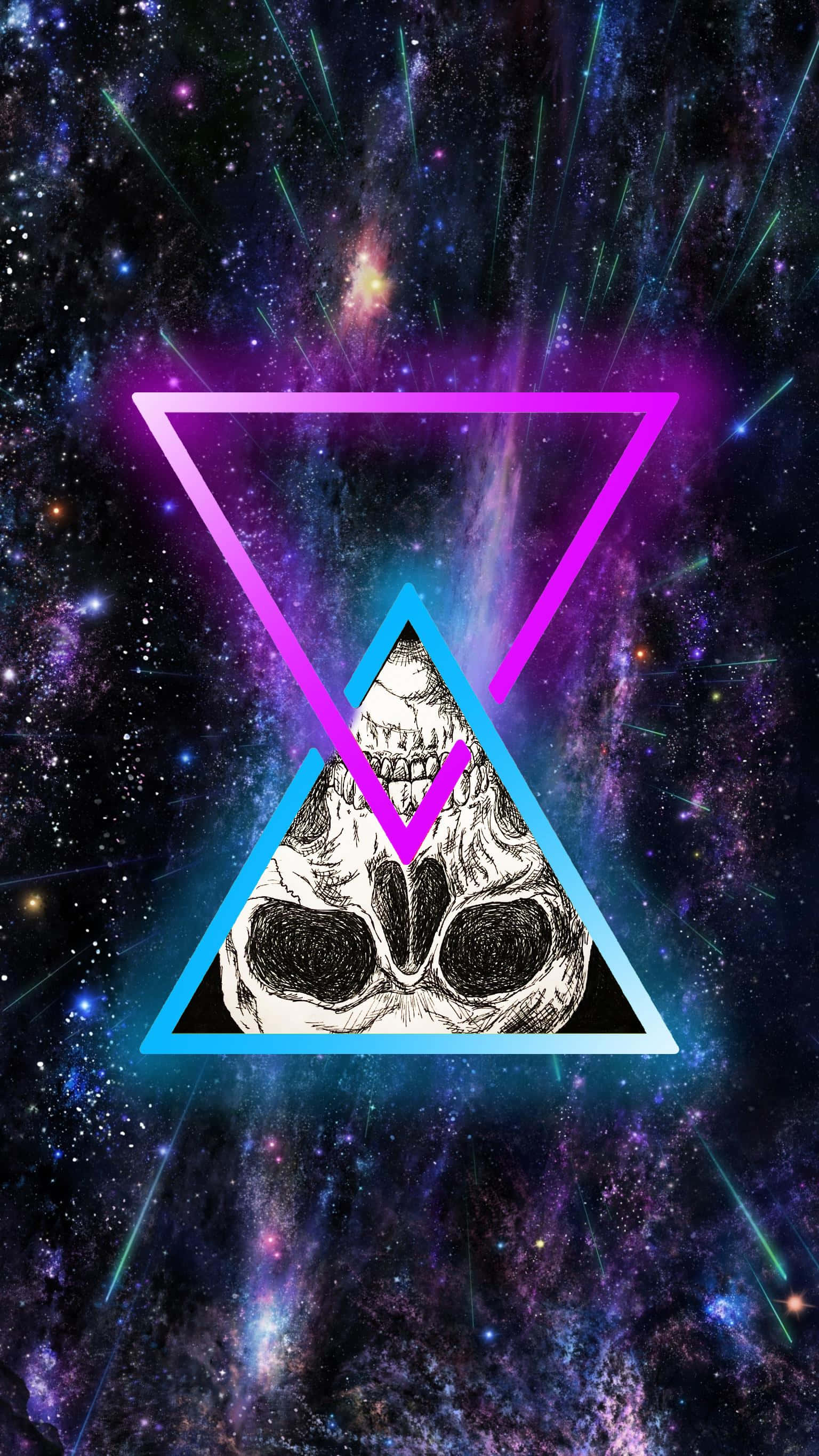 主螢幕 桌布 壁紙 — 一個宇宙骷髏頭，由發光的霓虹三角形框住，背景是充滿流星嘅 vibrant 星場。