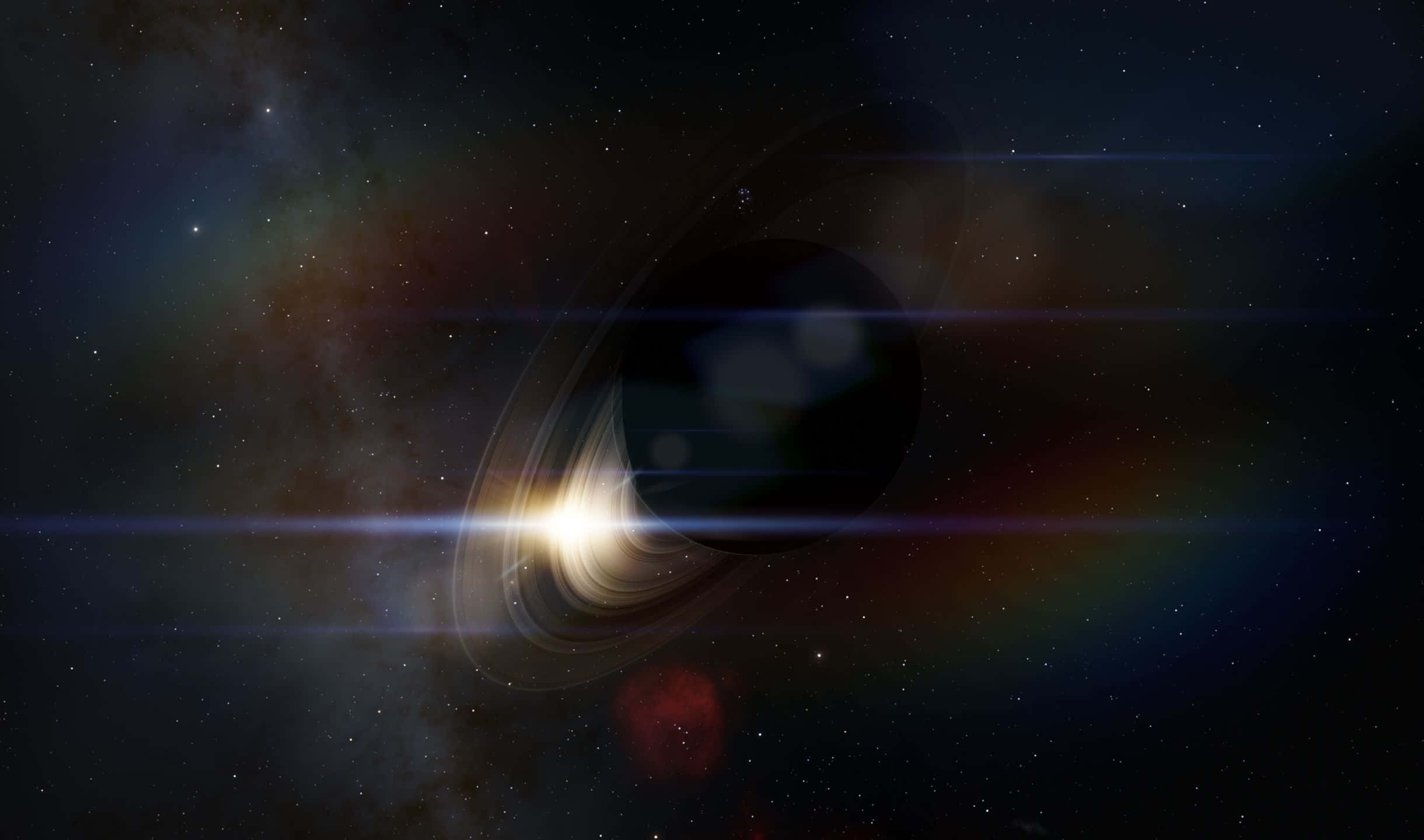 2440x1440 桌布 壁紙 — 一個宇宙黑洞，帶有發光的吸積盤和色彩繽紛的星雲，背景是繁星點點的虛空。