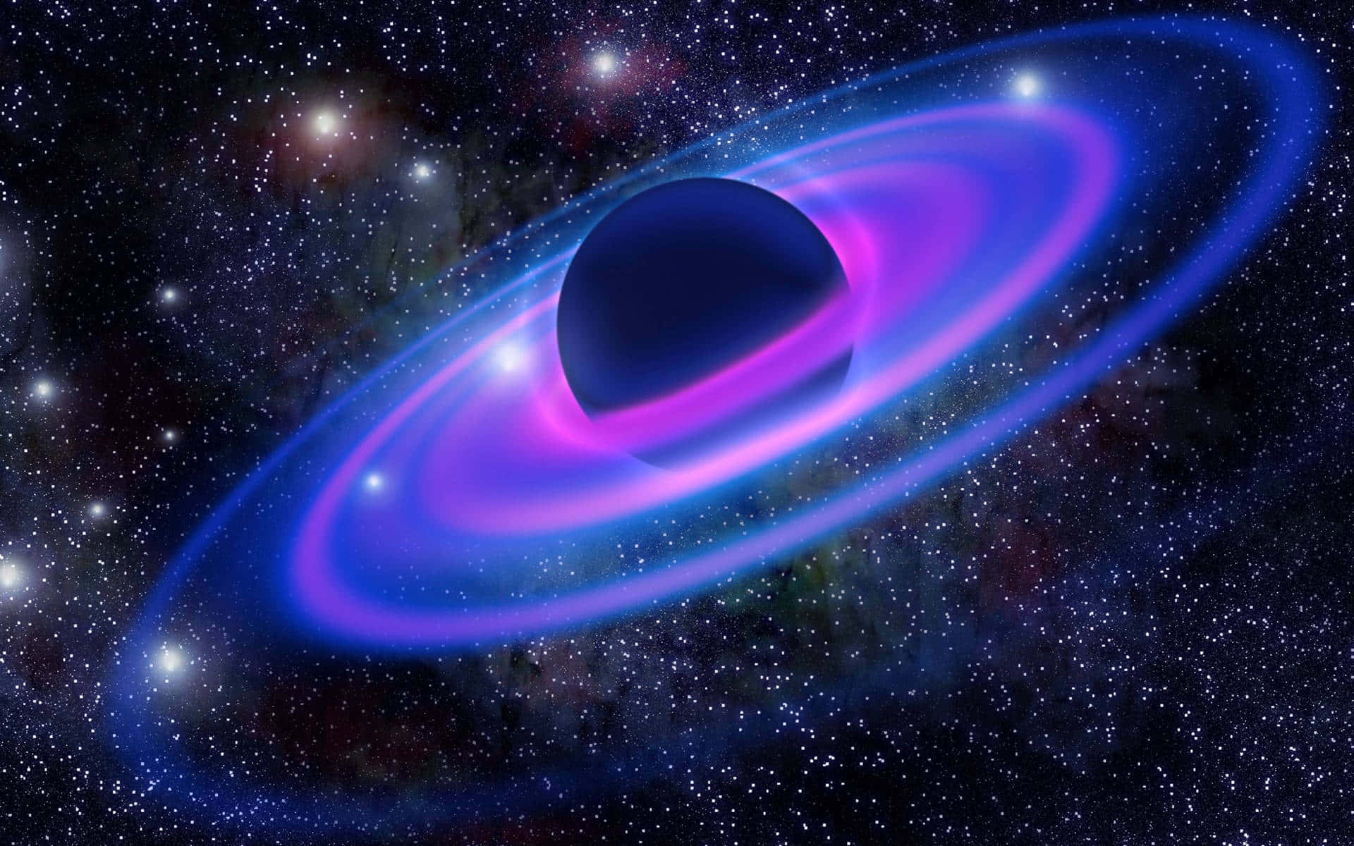 Universal 桌布 壁紙 — 一個宇宙黑洞，帶有發光的紫色和藍色吸積盤，背景是繁星點點的夜空。