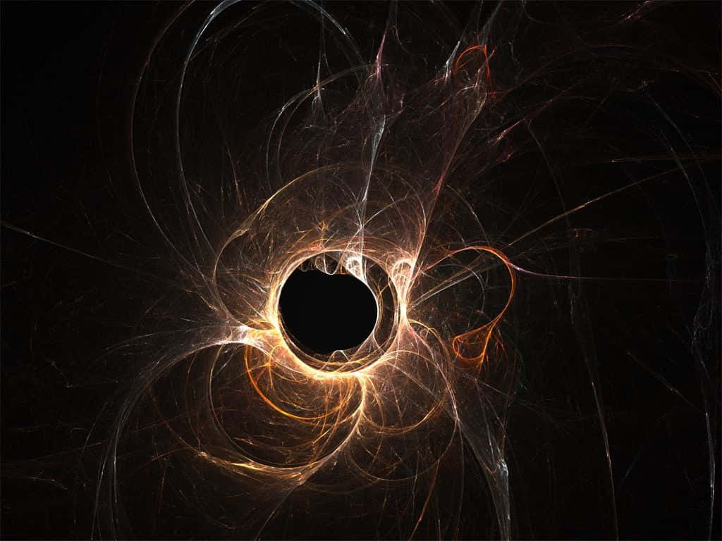 Black Hole Sun 桌布 壁紙 — 一個宇宙黑洞，被發光的橙色和白色分形能量流包圍，背景是黑暗虛空。