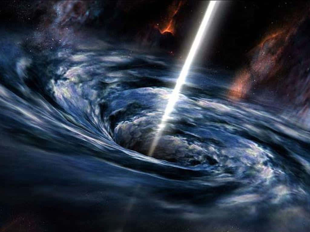 Black Hole Sun 桌布 壁紙 — 一個宇宙黑洞在深空中猛烈旋轉，一道明亮的白色噴流從其核心噴出，背景是星光點點的星雲。