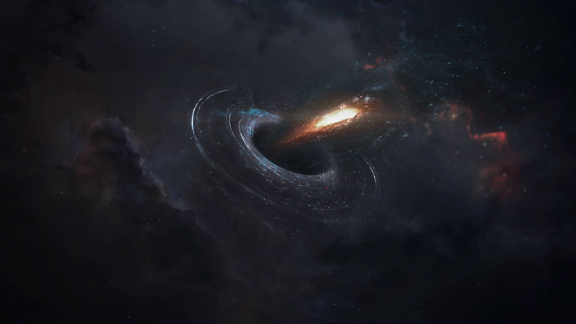 銀河 桌布 壁紙 — 一個宇宙黑洞帶有旋轉的吸積盤，在星場背景下吞噬一個發光的星系。
