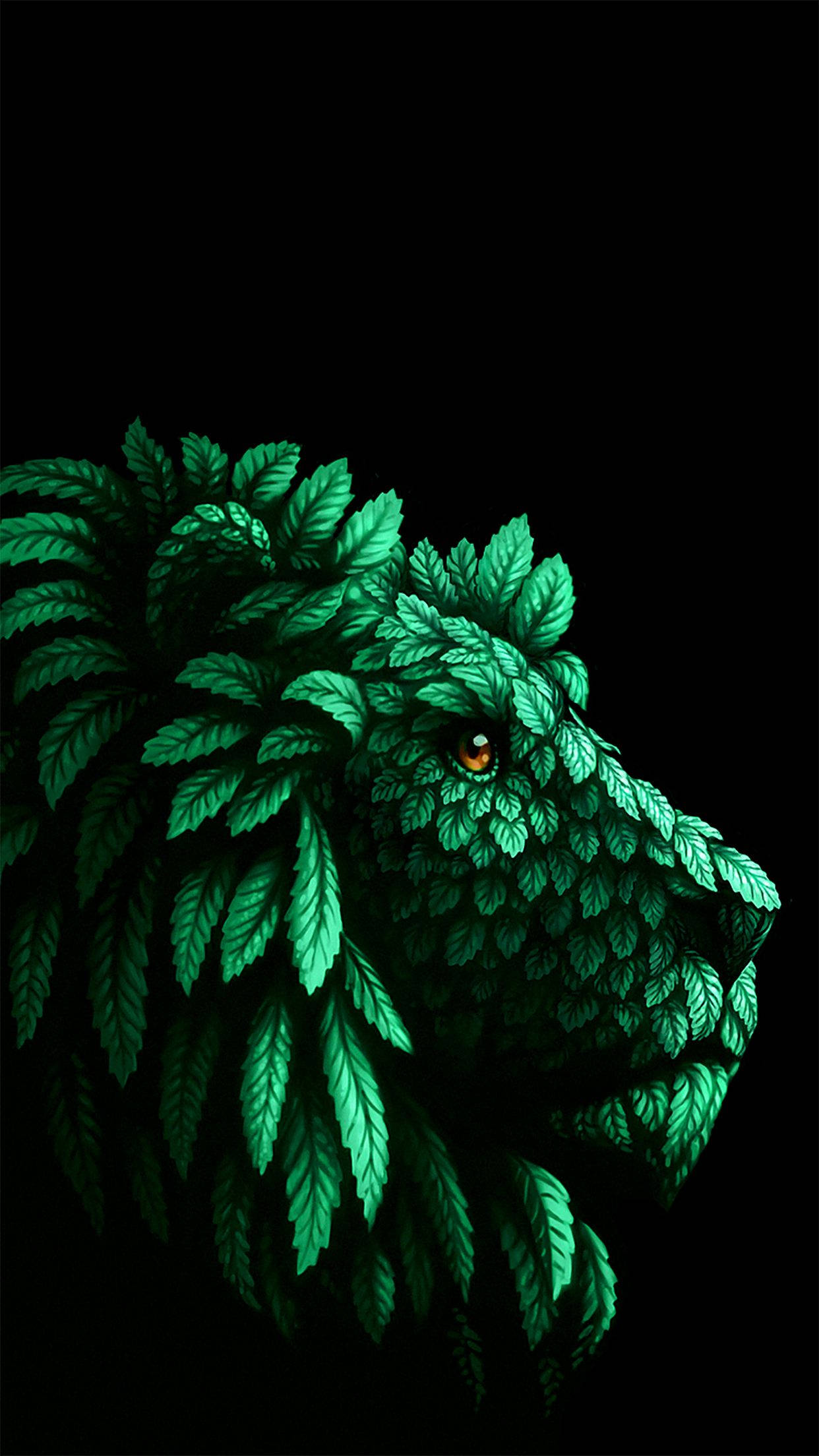 獅子 桌布 壁紙 — 一個完全由發光綠葉形成的獅子頭，背景為純黑色，一隻琥珀色的眼睛發光。