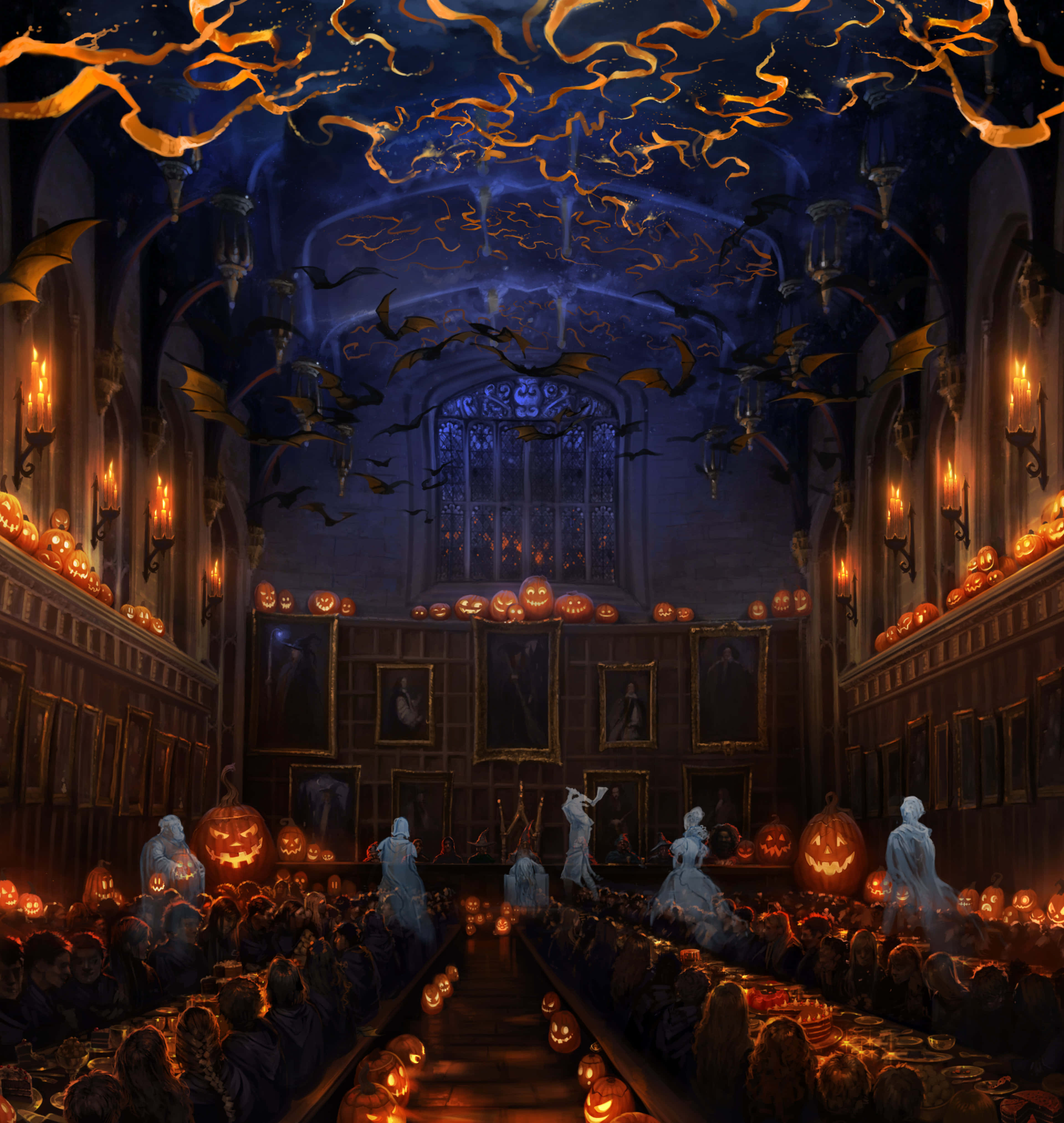 The Hogwarts Ghosts 桌布 壁紙 — 一個宏偉的哥德式大廳，充滿了學生和發光的南瓜燈，天花板上盤旋著橙色的蝙蝠和星星。