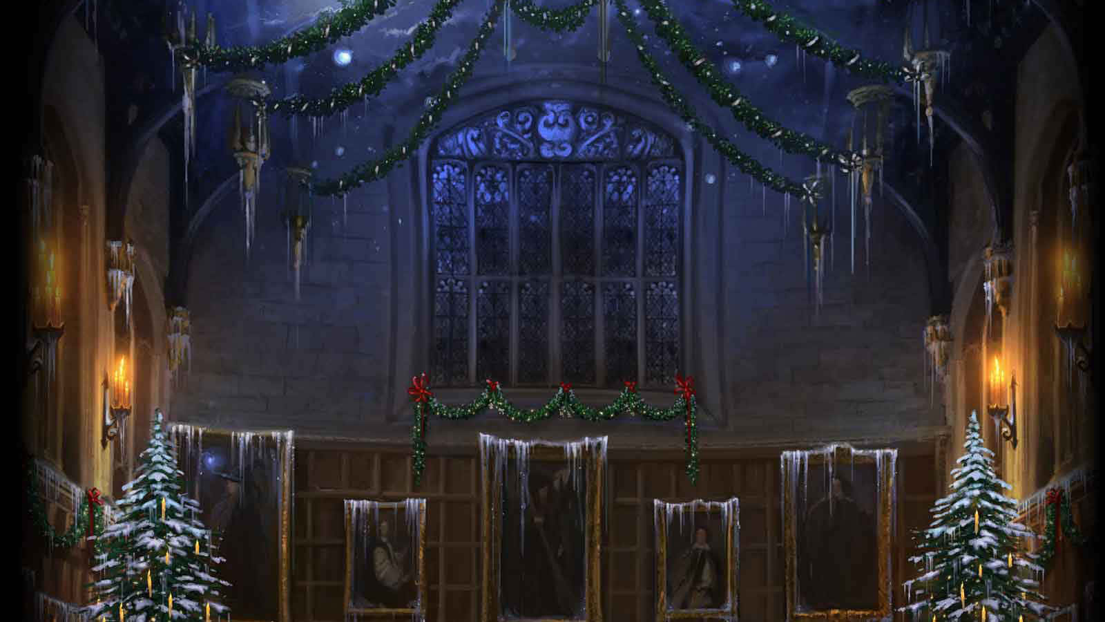 Harry Potter Christmas 桌布 壁紙 — 一個宏偉的哥德式大廳，裝飾著冰霜花環、灑滿白雪的常青樹，以及在繁星夜空下搖曳的燭光。