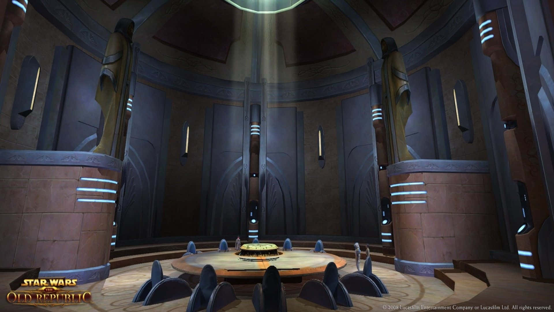 Jedi Council 桌布 壁紙 — 一個宏偉的圓形絕地議會廳，內有雕像、發光的燈光，以及中央桌子，上方有耀眼的天花板橫樑。