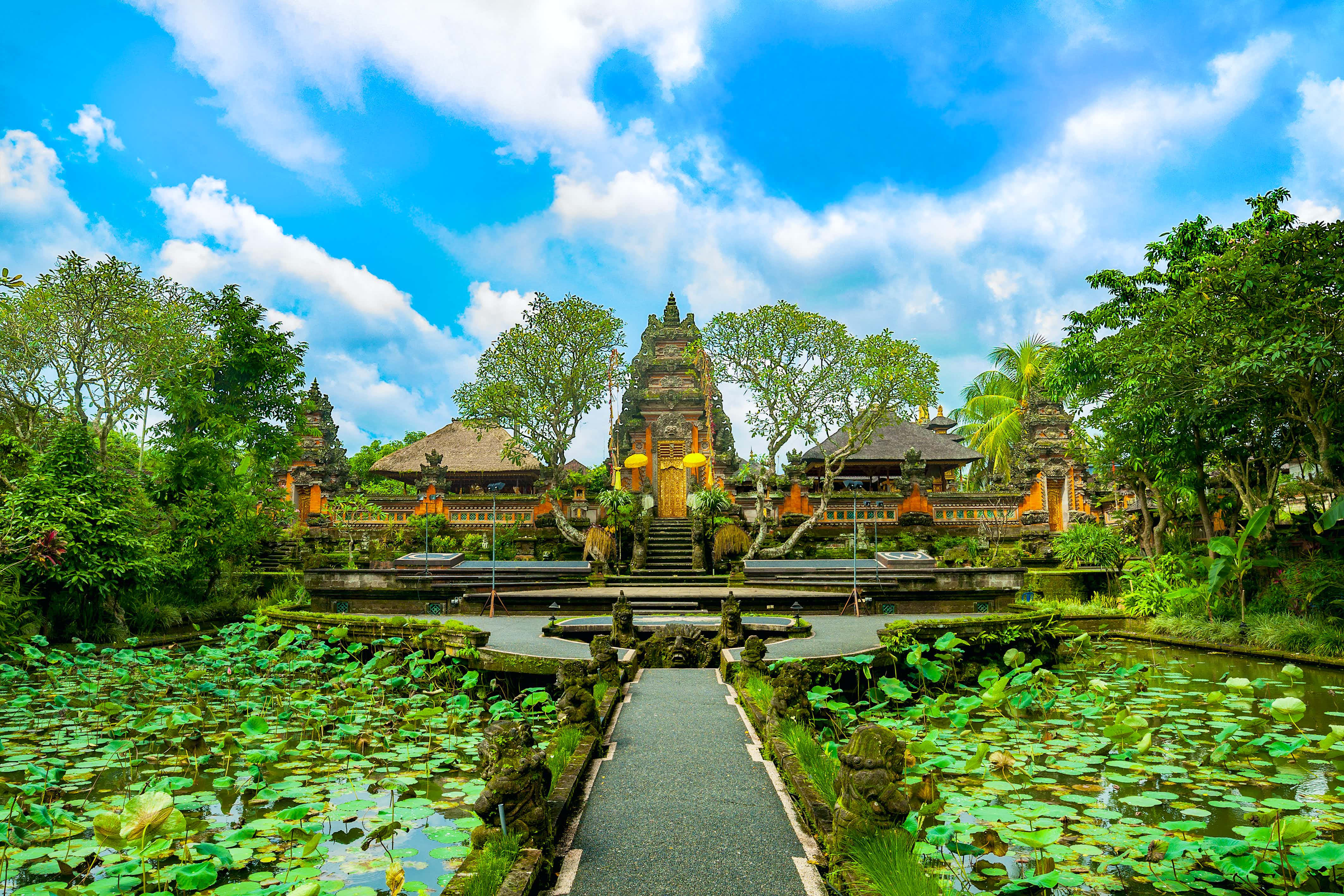 Bali 桌布 壁紙 — 一個宏偉的峇里島寺廟群，四周環繞著茂密的綠植和蓮花池，上方是明亮的藍天。