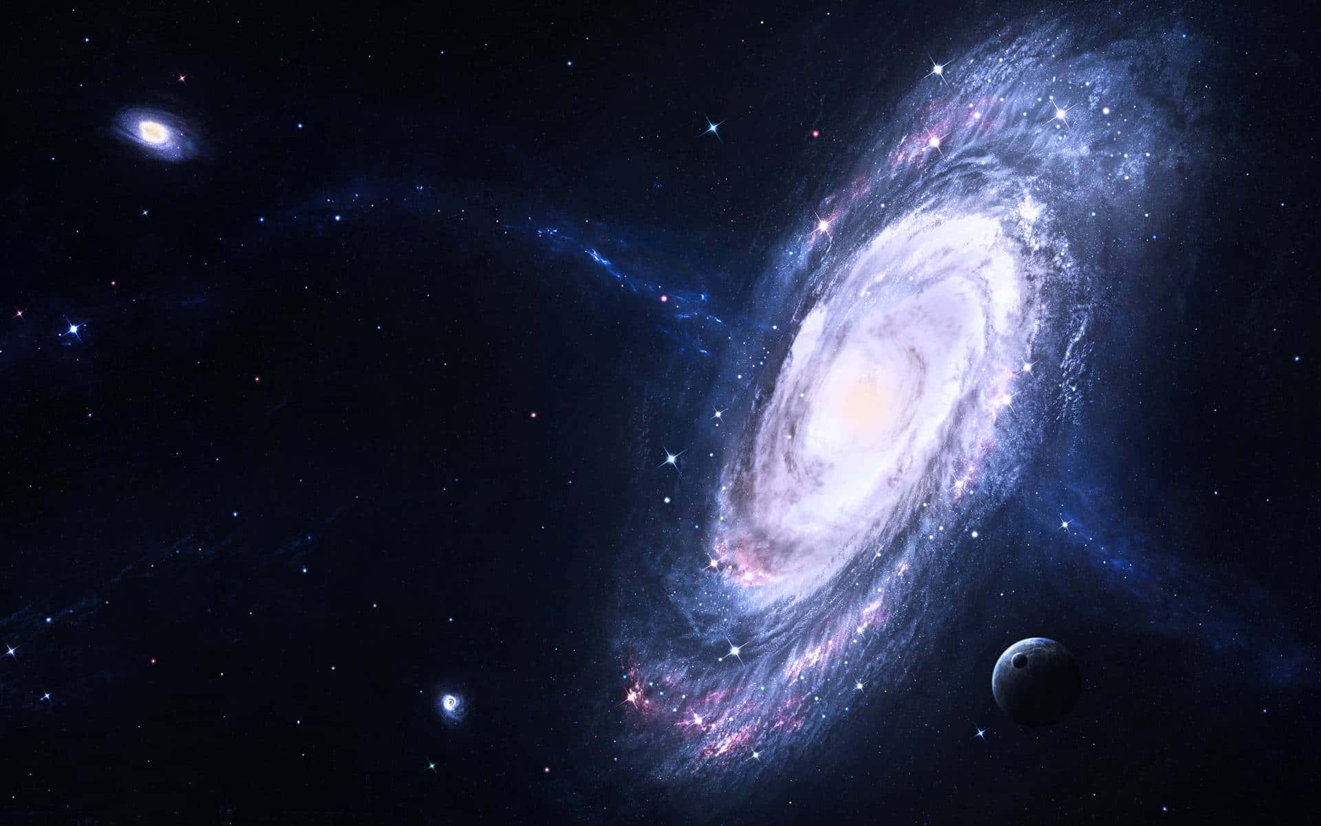 Spiral Galaxy 桌布 壁紙 — 一個宏偉的螺旋星系，帶有藍色和粉紅色氣體的旋轉臂，在星空中閃耀，附近有一顆小行星。