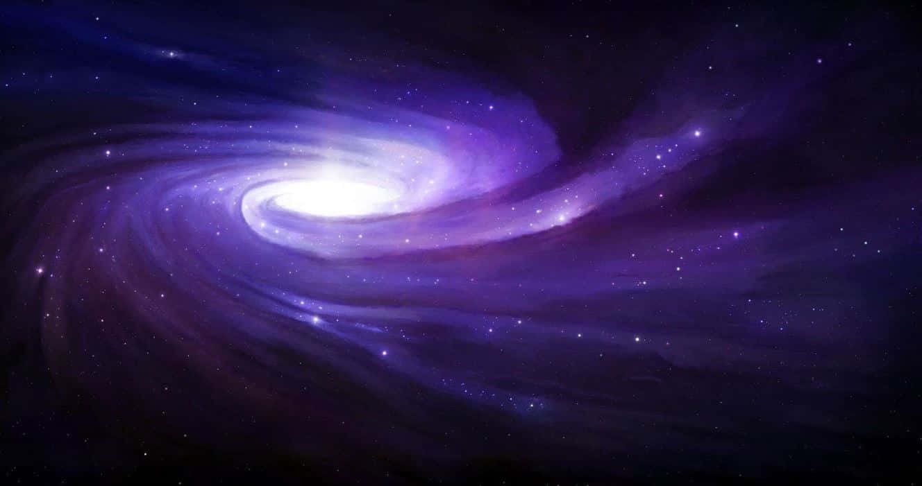 Purple Galaxy 桌布 壁紙 — 一個宏偉的螺旋星系在深紫色和藍色色調中旋轉，帶有明亮的中心核心和散落的星星。