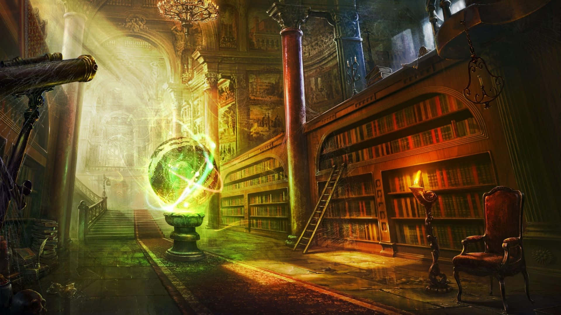 Magic Spell 桌布 壁紙 — 一個宏偉華麗的圖書館，沐浴在溫暖的光線中，一個發光的綠色球體懸浮在基座上方。