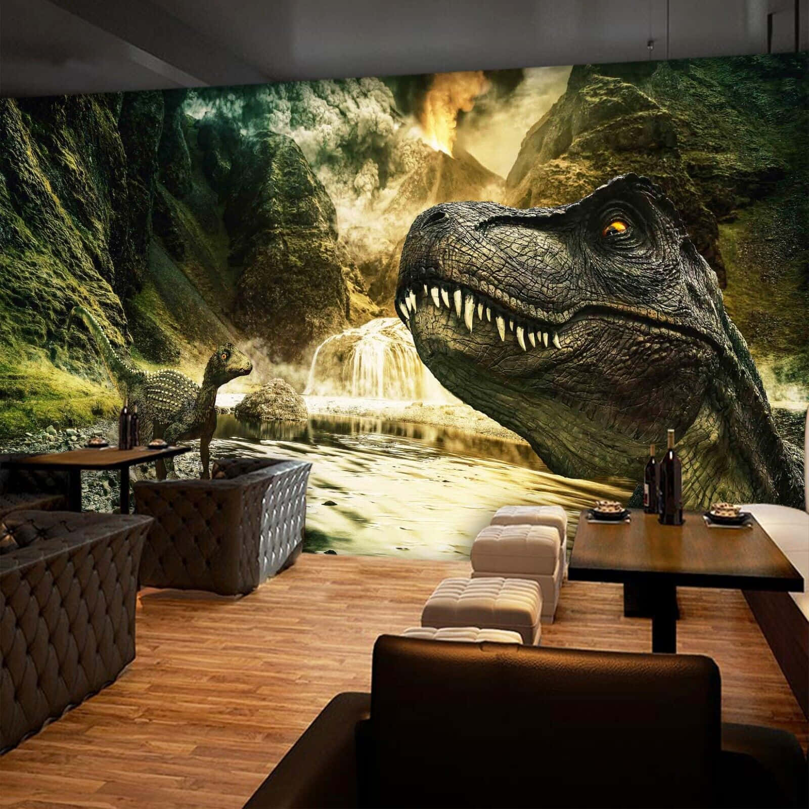 3d Dinosaur 桌布 壁紙 — 一個客廳，配有大型恐龍主題壁紙，展示在鬱鬱蔥蔥的山谷中瀑布附近咆哮的T-Rex。