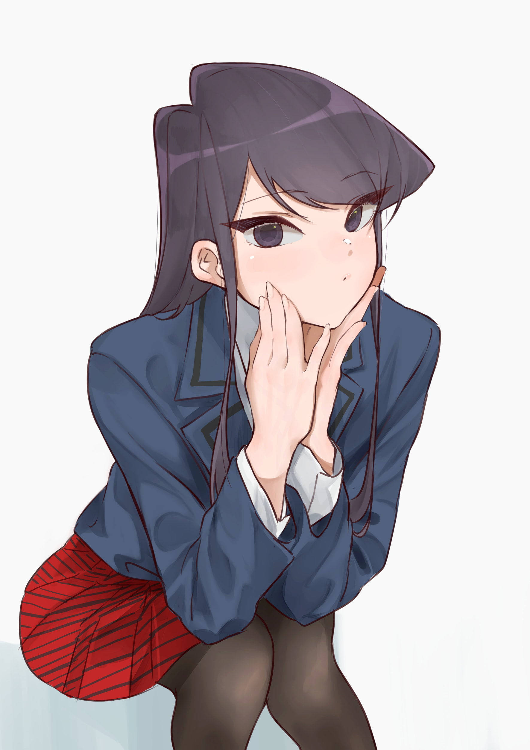 動漫女孩 桌布 壁紙 — 一個害羞的動漫女學生穿著校服蹲下，雙手靠近臉龐，眼睛睜大含淚，背景是純白色。