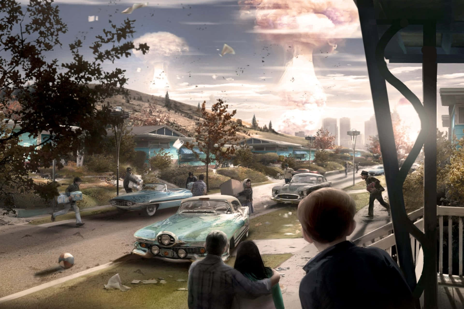 Fallout Nuke 桌布 壁紙 — 一個家庭觀看核爆炸在郊區街道上昇起，街道上有老爺車和墜落的碎片。