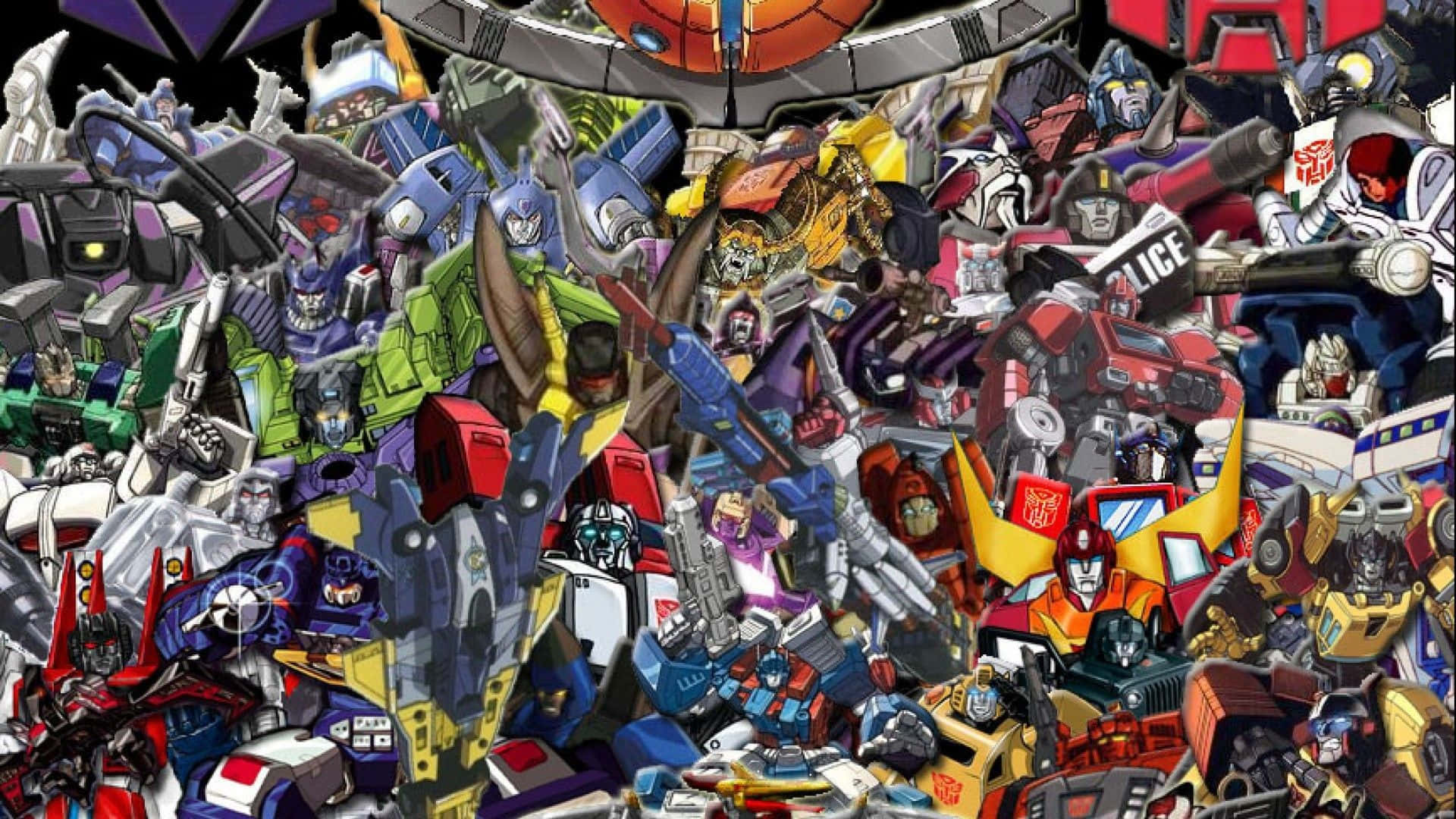 Cartoon Robot 桌布 壁紙 — 一個密集混亂的拼貼畫，描繪了色彩繽紛的變形金剛機器人，在深色背景上擺出戰鬥姿勢。