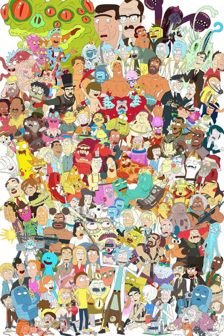 The Council Of Ricks 桌布 壁紙 — 一個密集的拼貼畫，包含來自各種動畫節目的卡通角色，緊密地排列在一起。