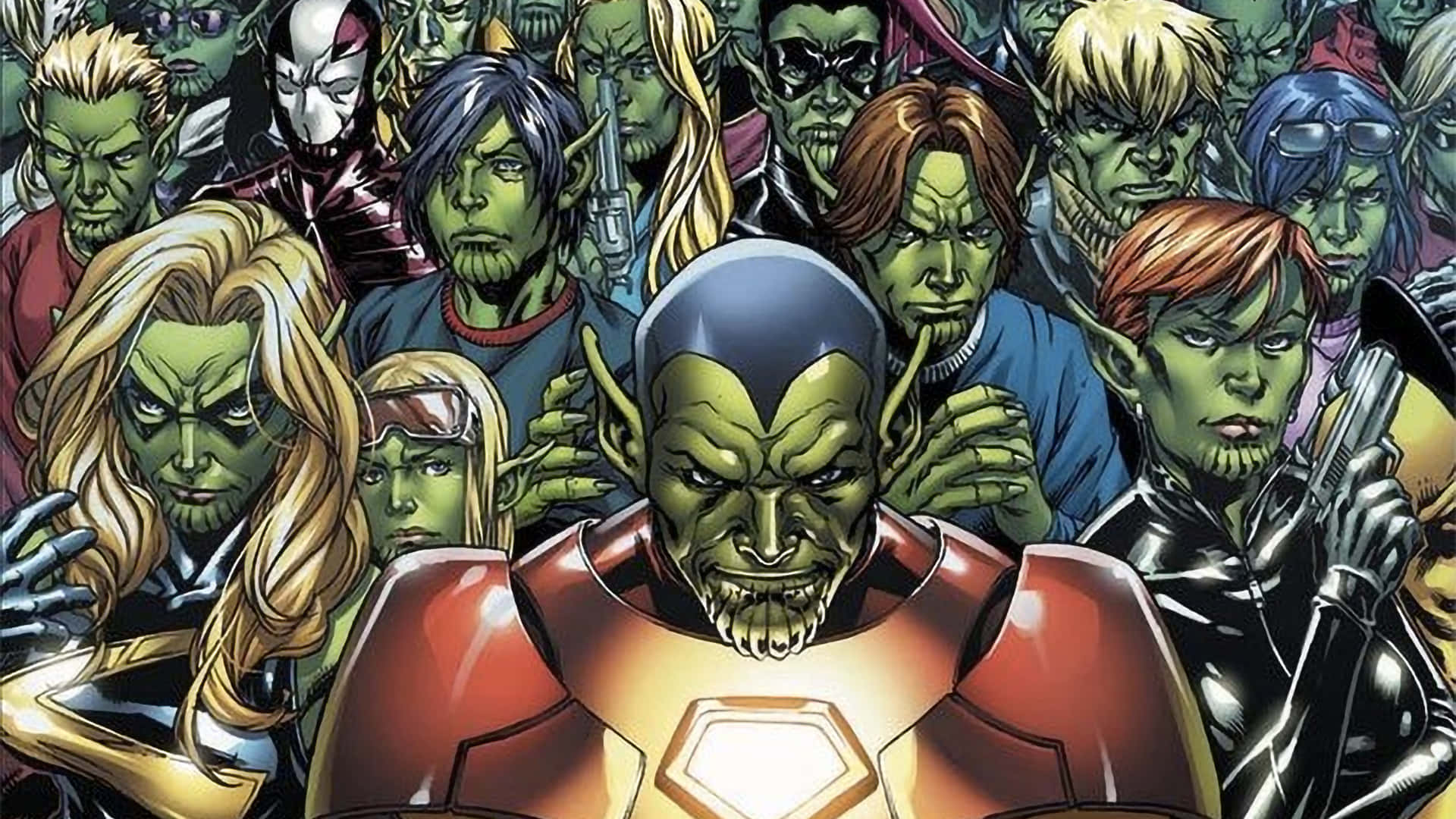 Skrulls 桌布 壁紙 — 一個密集的漫畫書面板，展示一個帶有威脅性的綠色皮膚超級英雄穿著紅色盔甲，被各種各樣的外星角色包圍，表情強烈。