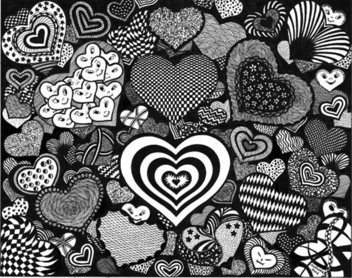Heart Doodle 桌布 壁紙 — 一個密集的黑白塗鴉拼貼，包含各種圖案和表情的心形。