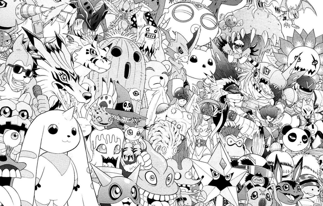 Manga Characters 桌布 壁紙 — 一個密集的黑白漫畫面板，充滿了數十個富有表現力的數碼暴龍角色，混亂地擠在一起。