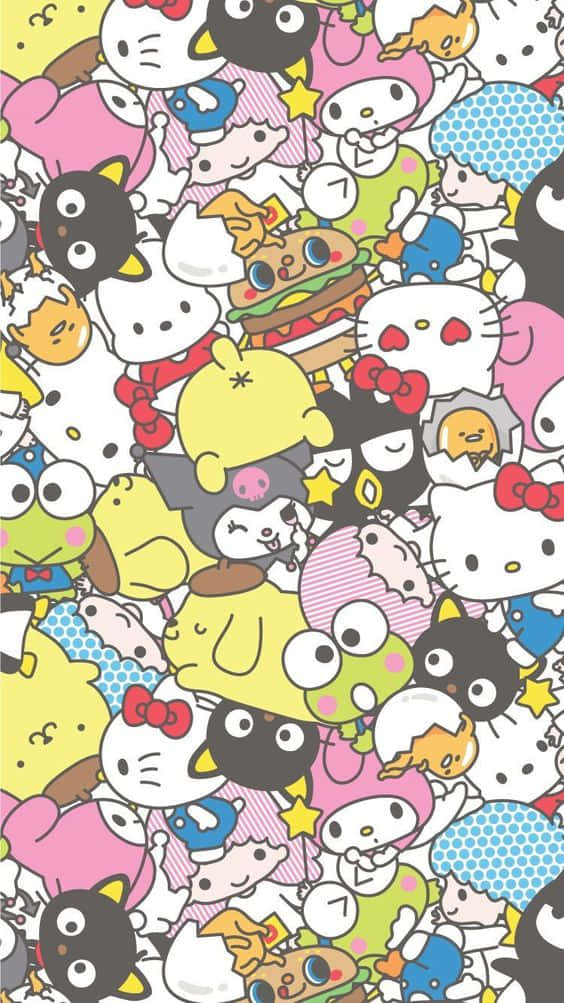 Kawaii Hello Kitty 桌布 壁紙 — 一個密集色彩繽紛嘅Sanrio角色圖案，好似Hello Kitty同My Melody喺一個好玩又混亂嘅牆紙上重疊。