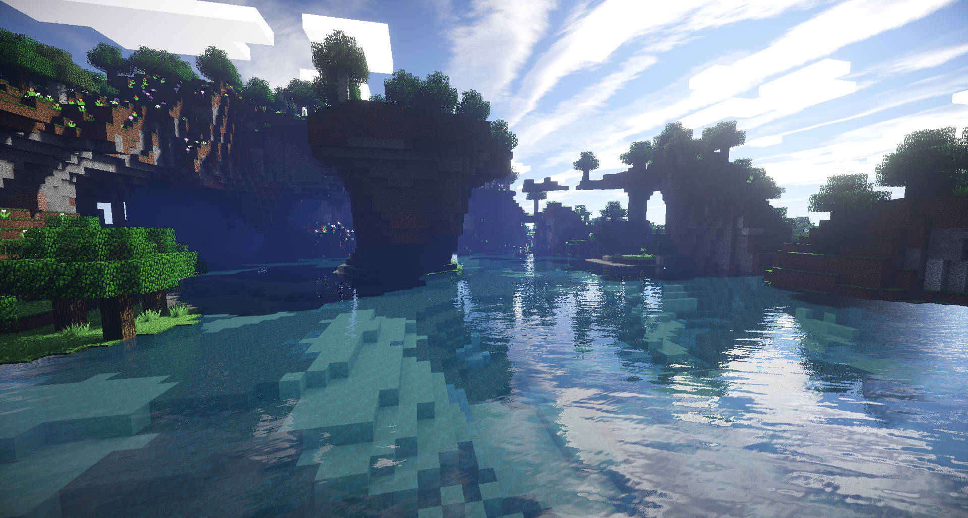 View 桌布 壁紙 — 一個寧靜嘅Minecraft景觀，像素化嘅水面倒映住浮島同茂密嘅綠樹，喺明亮嘅藍天下。