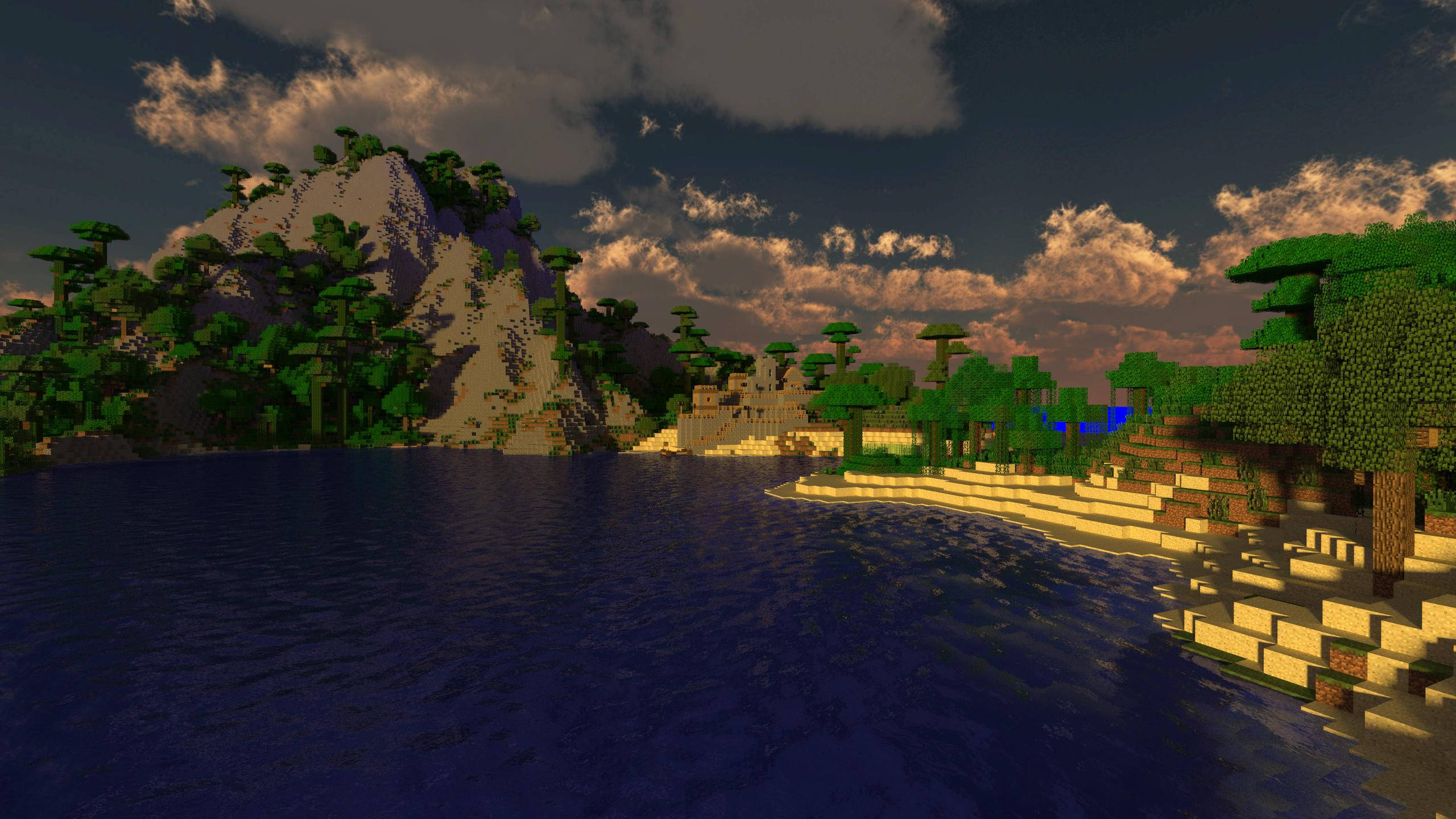 海洋 桌布 壁紙 — 一個寧靜嘅Minecraft景觀，有方塊樹木同山脈喺平靜嘅水面倒影，襯托住戲劇性嘅日落天空。