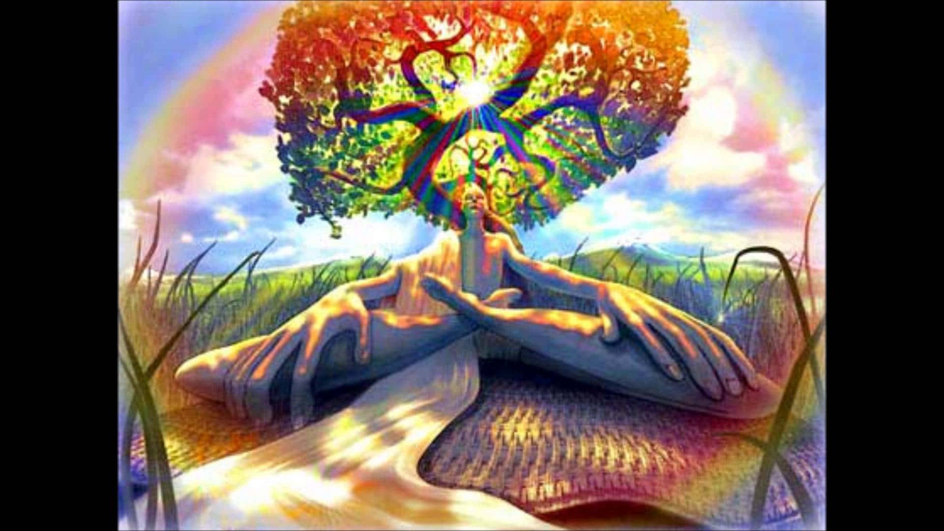 Trippy Nature 桌布 壁紙 — 一個寧靜嘅人物喺一棵閃耀彩虹色、樹根形成心形嘅樹下冥想，背景係夢幻天空同草地。
