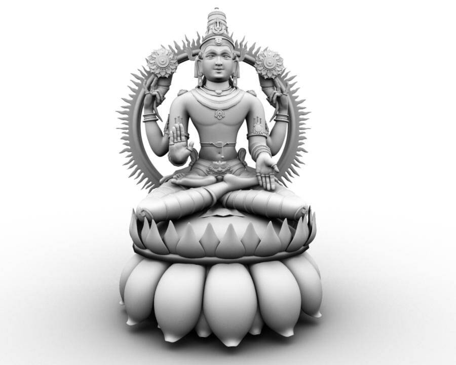 3D 桌布 壁紙 — 一個寧靜的3D渲染神像盤腿坐在蓮花座上，帶有尖刺光環，以單色灰階呈現。