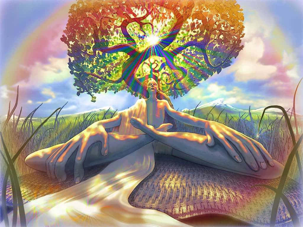 Spiritual Meditation 桌布 壁紙 — 一個寧靜的人物在發光的彩虹色樹下冥想，樹根和樹枝閃爍著光芒，背景是夢幻的天空和草地。